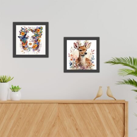 ATTRACTSO - Women Face & Deer Positive Quotes Wooden Wall Frames With PVC Decorative item for Living room Bedroom Office Decor Modern Artwork Painting Wall Mount Hanging Set of 2 (9"X9" Inch)