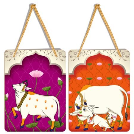 ATTRACTSO ? Sacred Kamdhenu Cow Art | Wall Hanging Decoration | 6 x 8 Inch Inch Laminated vinyl 3mm MDF board |Decor for Living Room | Bedroom |Set of 2 (Design-01)