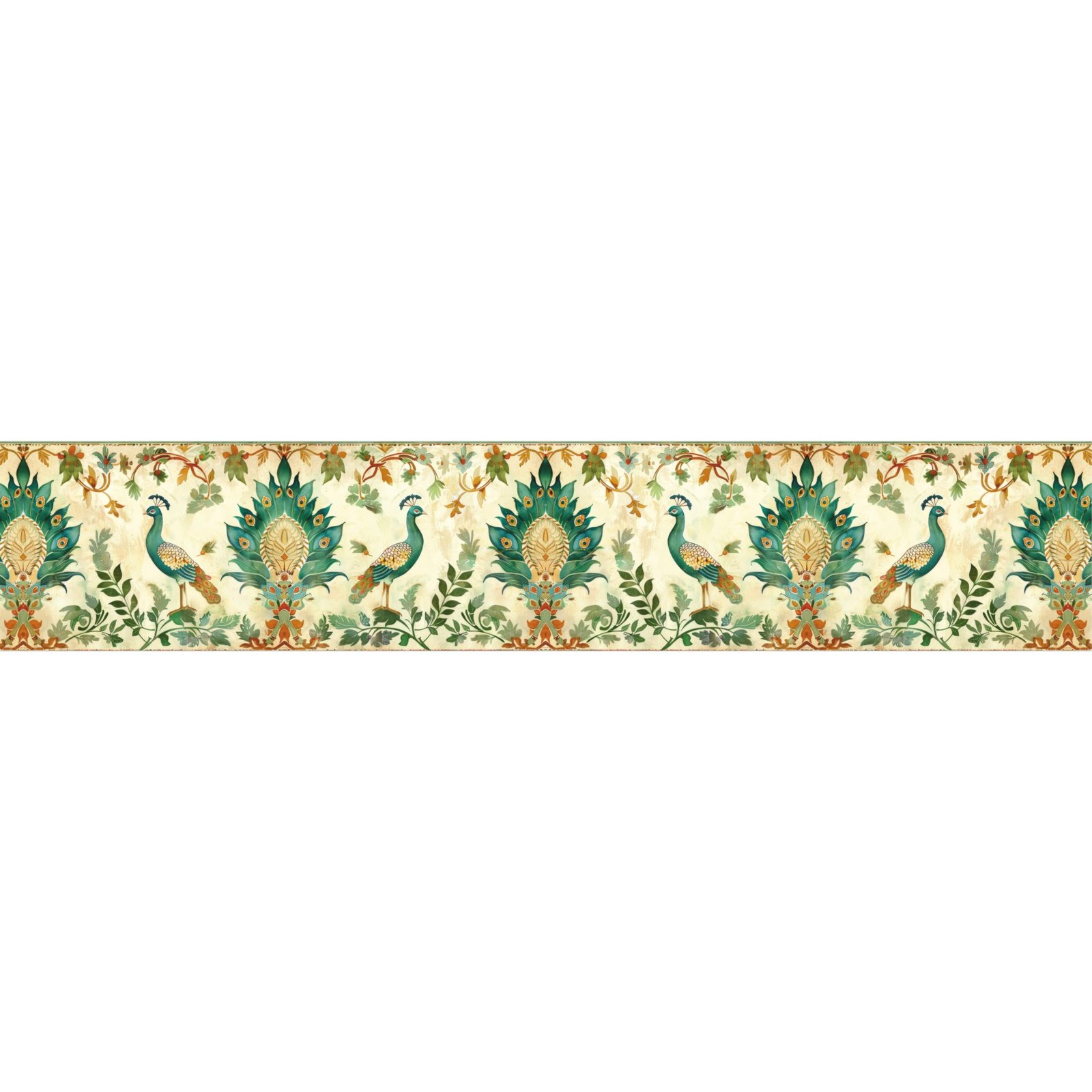 Traditional Mughal Peacock Theme Wall Border Peel & Sticker 10 feet x 6 inch l for Home, Office, Kitchen Decor Self Adhesive Vinyl Matte Finish with Laminated Decal roll (Desgin - 2)