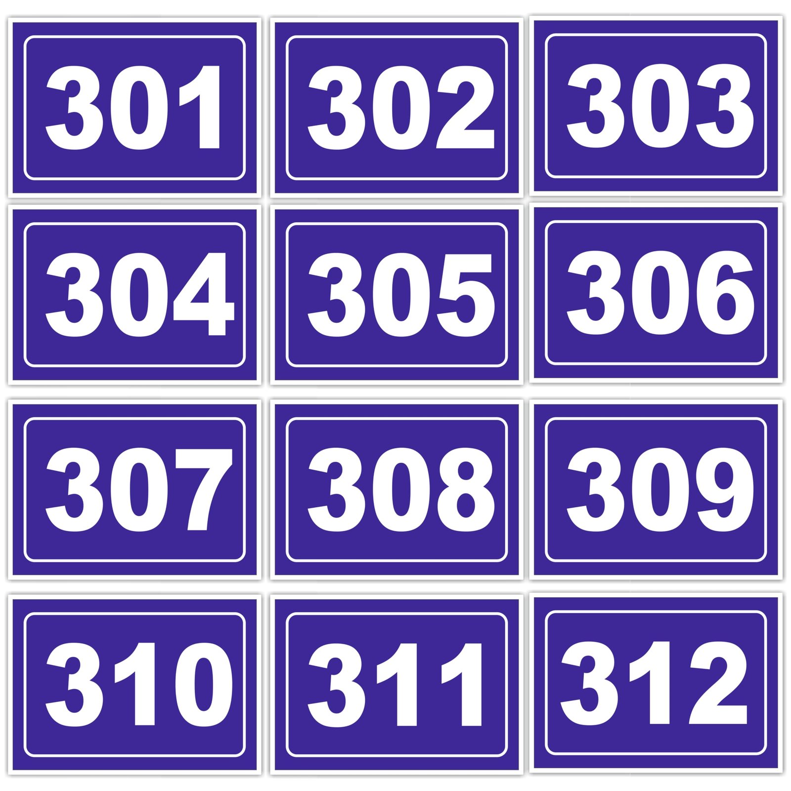 Numeric Signage Theme | Self Adhesive Number Plates 301 to 312 | 5 x 3.5 Inch Vinyl with 3mm Sunboard | Desk Seat Bench Mandir Room Library Identification Plates