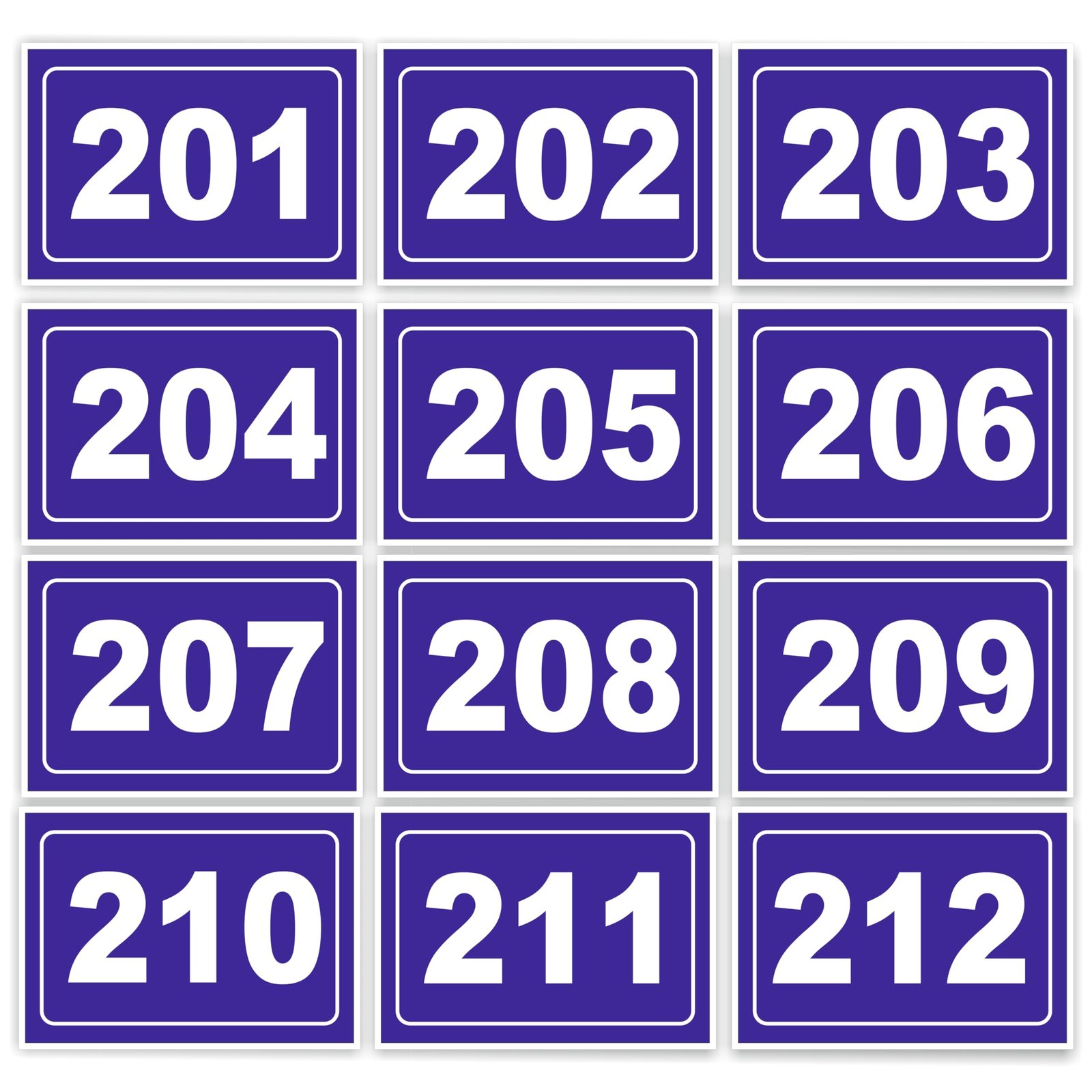 Numeric Signage Theme | Self Adhesive Number Plates 201 to 212 | 5 x 3.5 Inch Vinyl with 3mm Sunboard | Desk Seat Bench Mandir Room Library Identification Plates