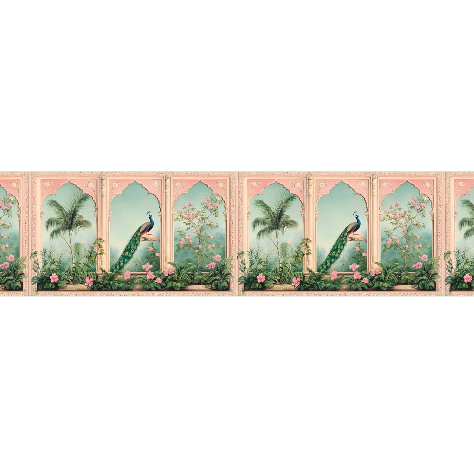 Traditional Mughal Peacock Theme Wall Border Peel & Sticker 10 feet x 6 inch l for Home, Office, Kitchen Decor Self Adhesive Vinyl Matte Finish with Laminated Decal roll (Desgin - 1)