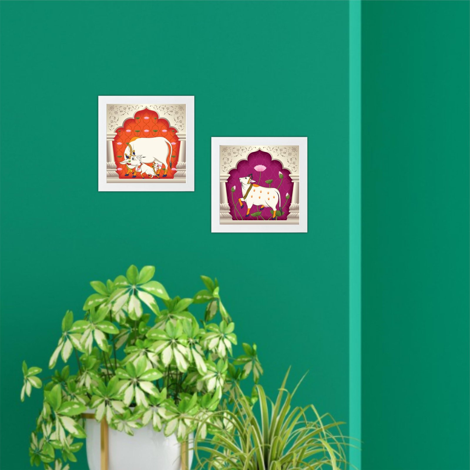 Pichwai Cow Floral Art Wooden Wall Frames With PVC Glass Decorative item for Living room Bedroom Office Decor Modern Hanging Decoration Set of 2 (SIZE- 8"X8" Inch) (Design 4)