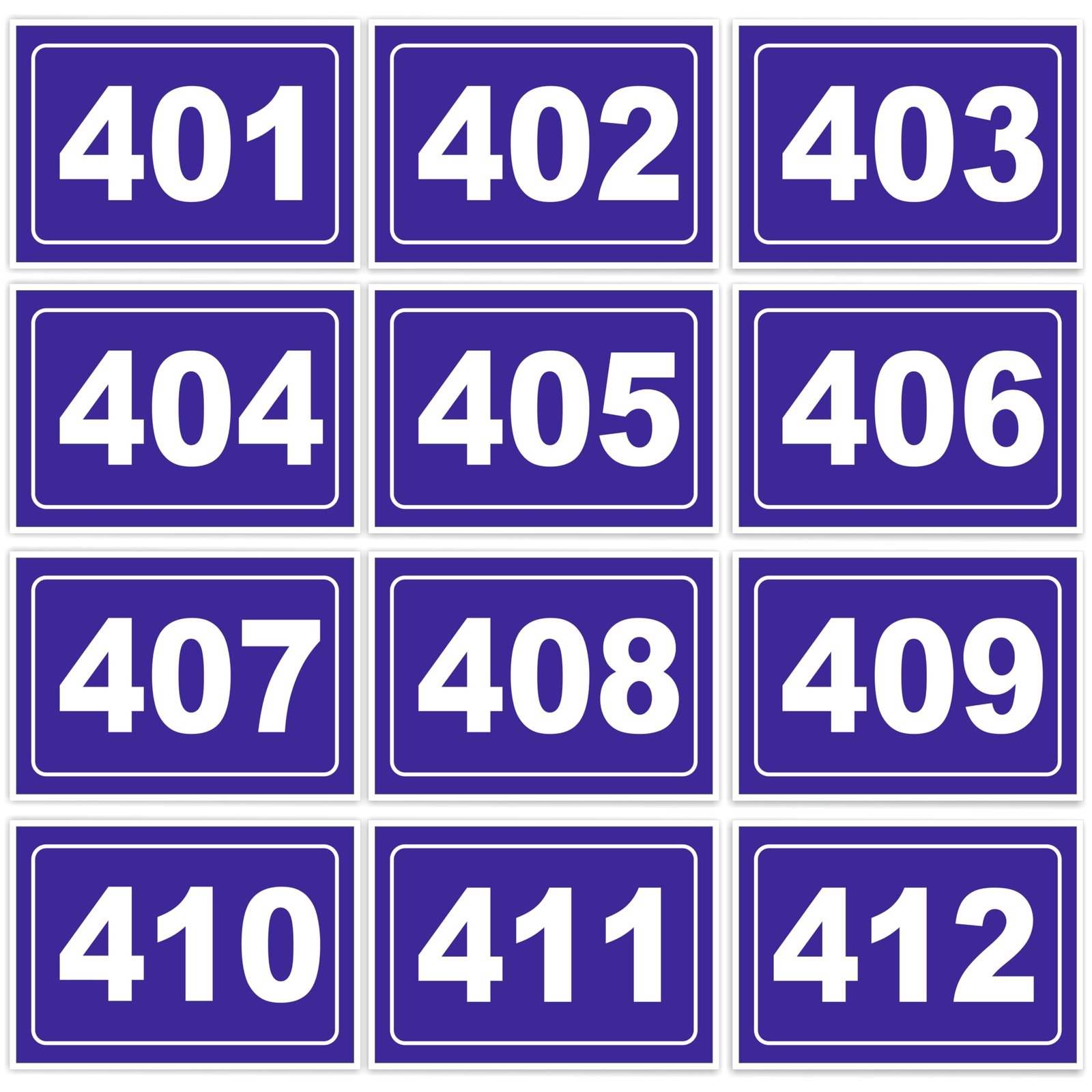 Numeric Signage Theme | Self Adhesive Number Plates 401 to 412 | 5 x 3.5 Inch Vinyl with 3mm Sunboard | Desk Seat Bench Mandir Room Library Identification Plates