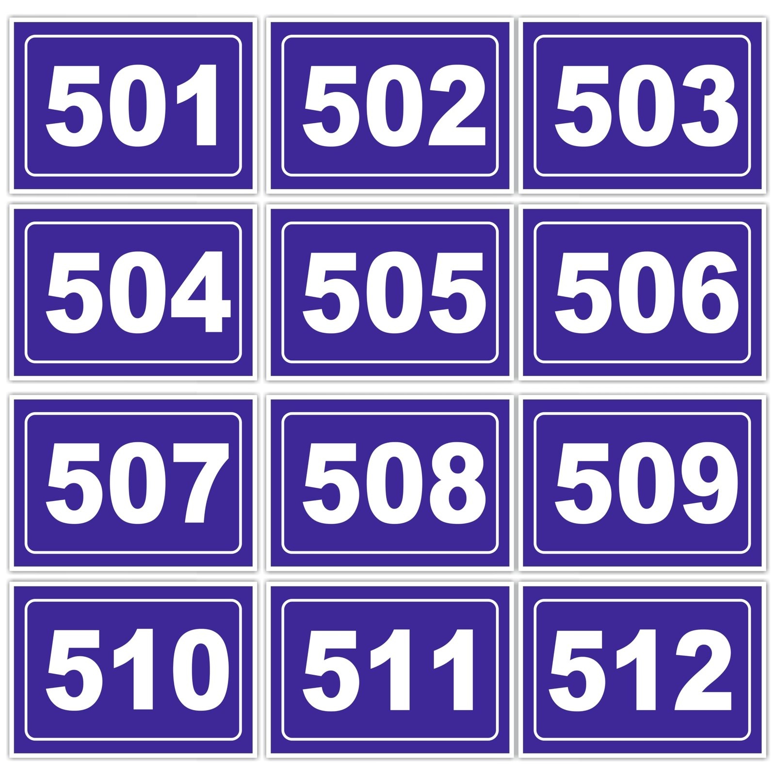 Numeric Signage Theme | Self Adhesive Number Plates 501 to 512 | 5 x 3.5 Inch Vinyl with 3mm Sunboard | Desk Seat Bench Mandir Room Library Identification Plates
