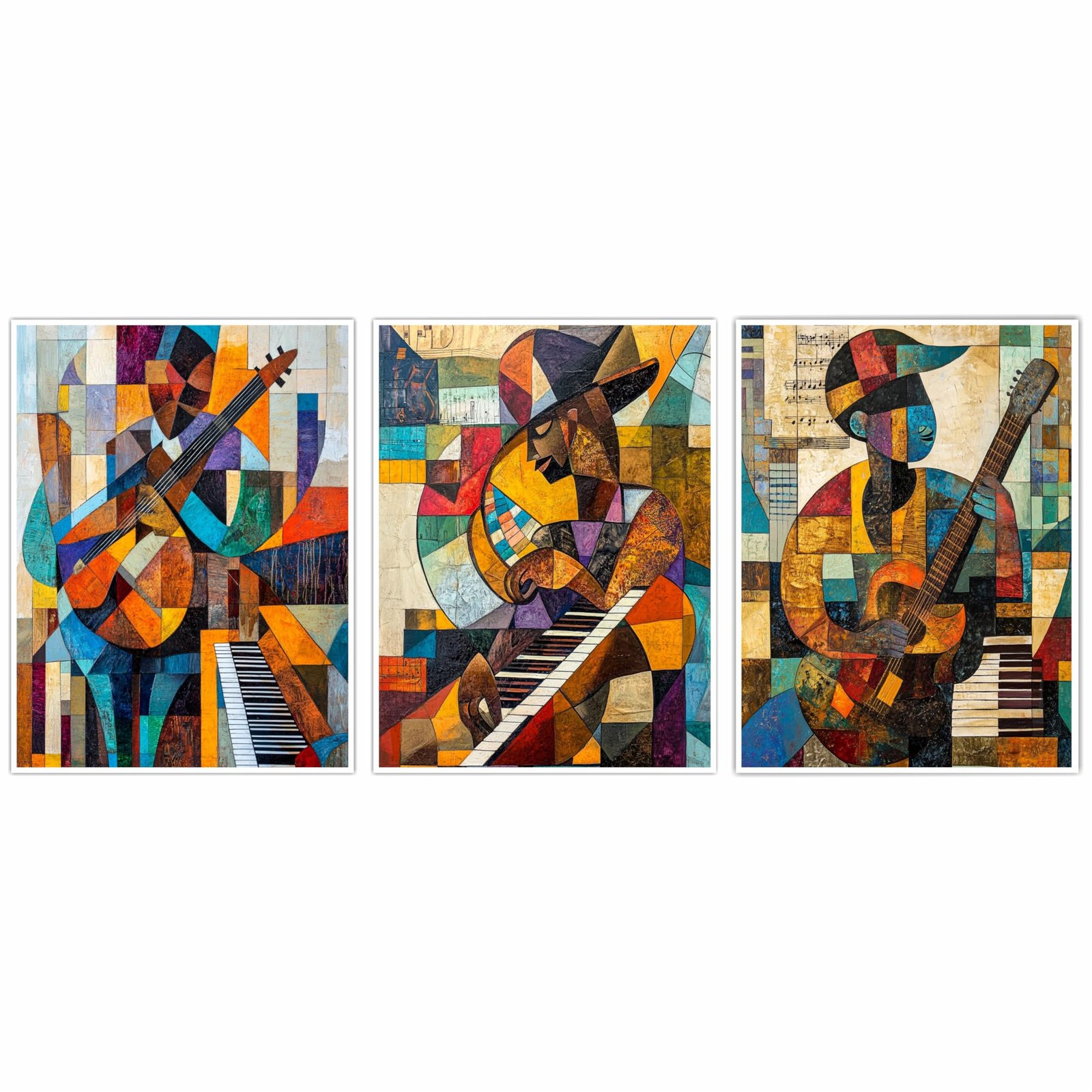 Cubist Abstract Wall Art Set of 3 | 9"x12" Self-Adhesive Vinyl Prints on 5mm Sunboard | Easy Peel & Stick Home Decor for Living Room, Bedroom, Office (Design- 1)
