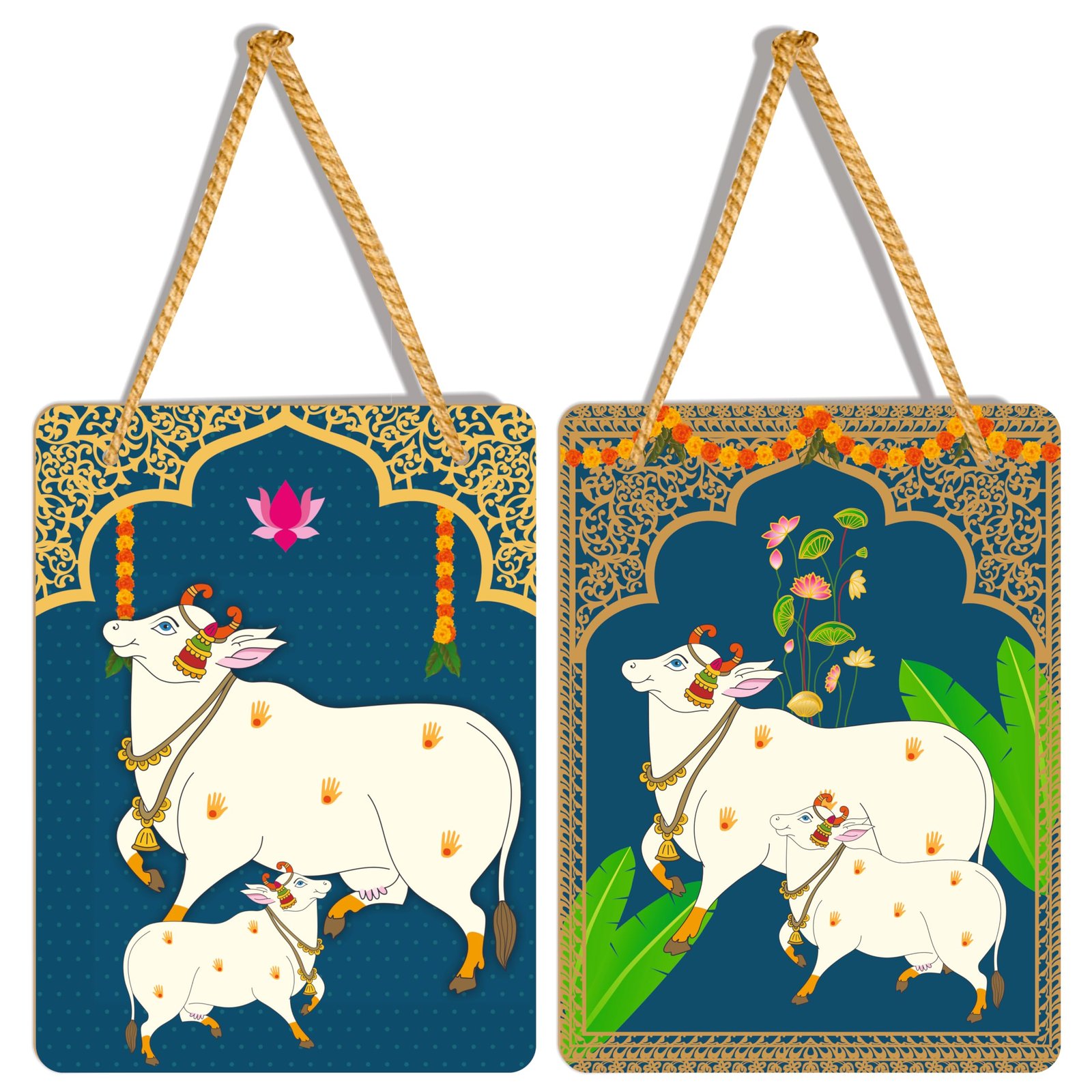 Sacred Kamdhenu Cow Art |Wall Hanging Decoration| 6 x 8 Inch Inch Laminated vinyl 3mm MDF board Wall Art for Living Room | Bedroom |Set of 2 (Design-02)