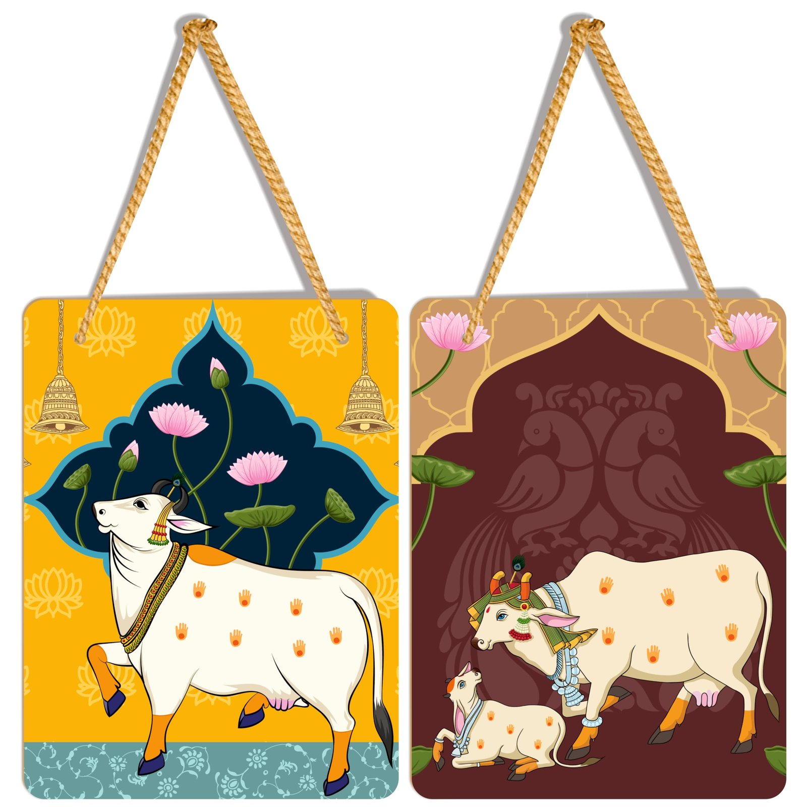 Sacred Kamdhenu Cow Art | Wall Hanging Decoration| Laminated vinyl 6 x 8 Inch Inch 3mm MDF board Wall Art | Decor for Living Room | Bedroom |Set of 2 (Design-04)