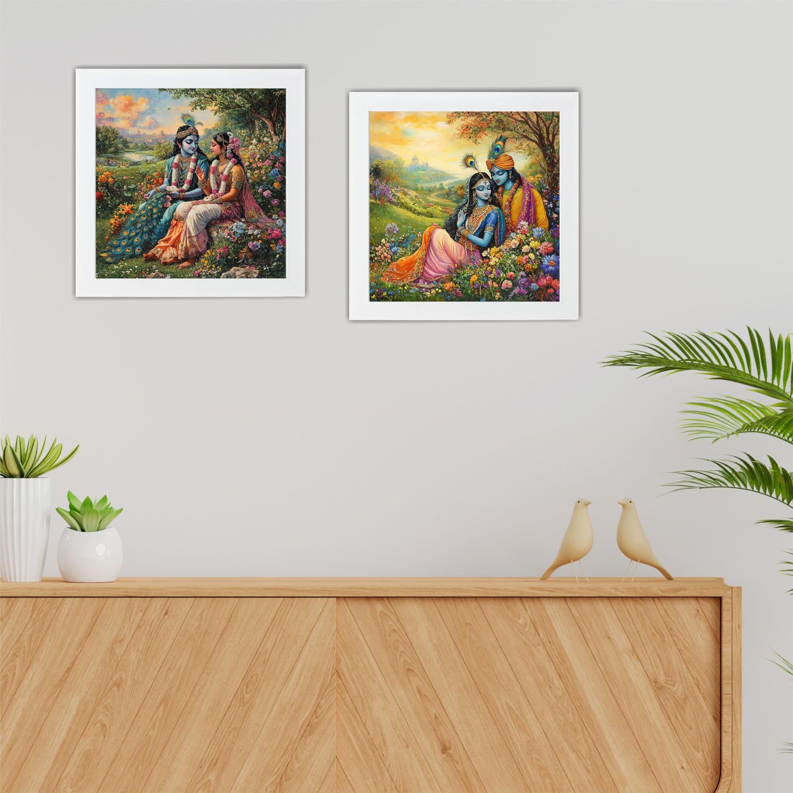 Krishna Ji paintings Wooden Wall Frames With PVC Decorative item for Living room Bedroom Office Decor Modern Artwork Painting Wall Mount Hanging Set of 2 (9"X9" Inch) (Design 3)