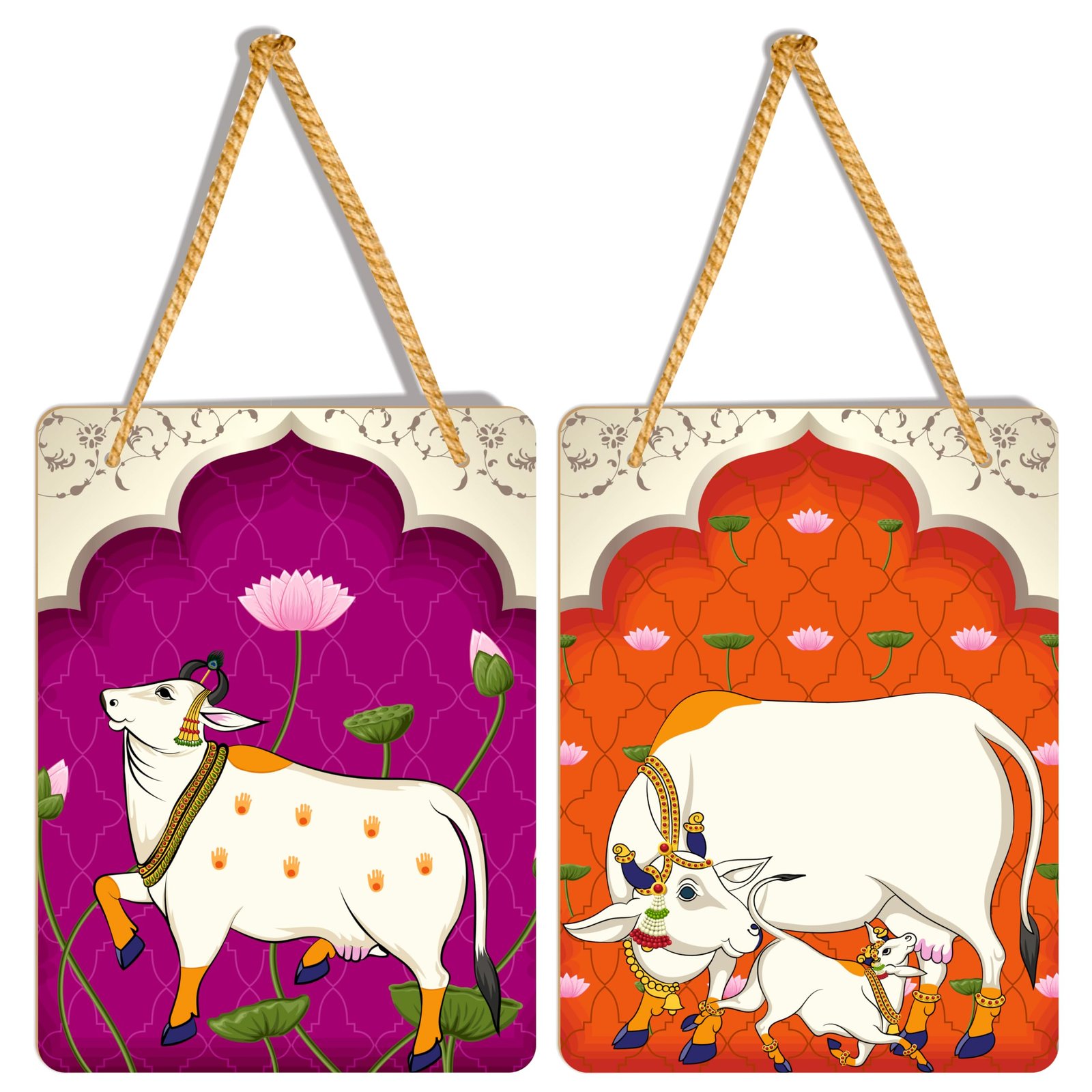 Sacred Kamdhenu Cow Art | Wall Hanging Decoration | 6 x 8 Inch Inch Laminated vinyl 3mm MDF board |Decor for Living Room | Bedroom |Set of 2 (Design-01)
