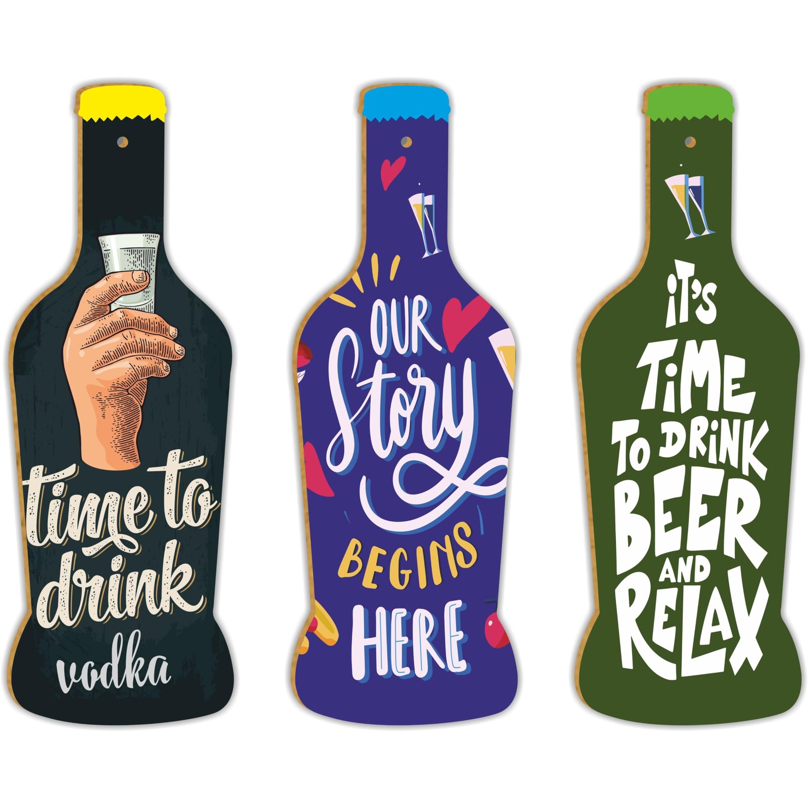 Bottle Design Artworks Home Decor Items for Office | Wall hangings for Home Decoration | Door Hanging Wooden Wall Hanging Decor (Set of 3) _Size- 4"x11.5"inch (Design 4)