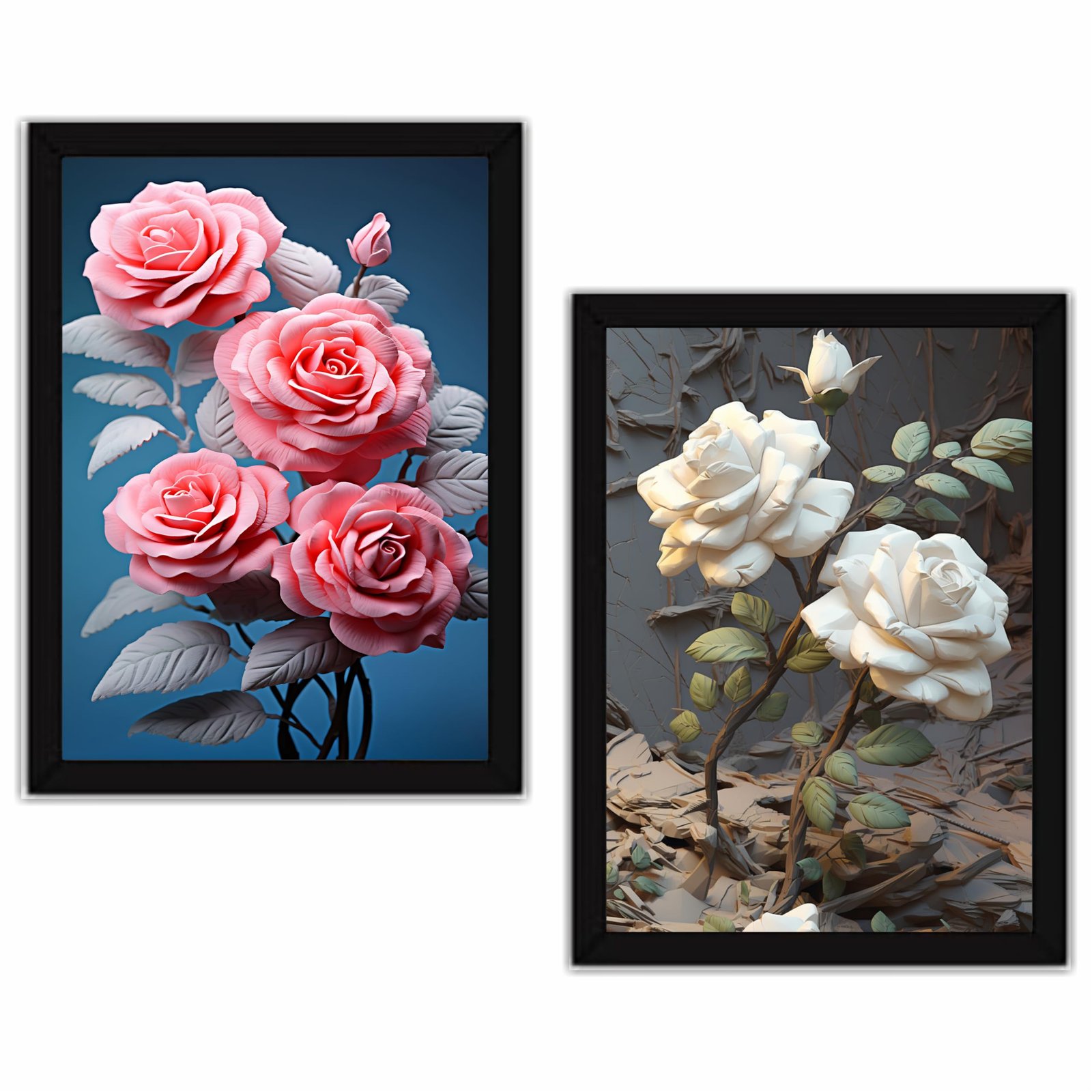 Flowers paintings Wooden Wall Frames With PVC Decorative item for Living room Bedroom Office Decor Modern Artwork Painting Wall Mount Hanging Set of 2 (9"X12" Inch) (Design 1)