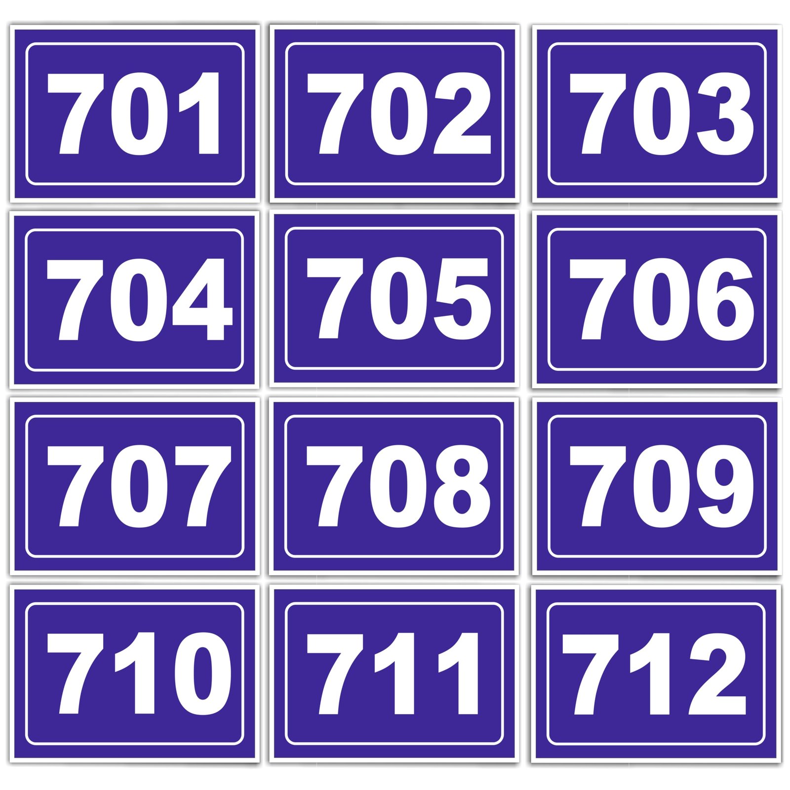 Numeric Signage Theme | Self Adhesive Number Plates 701 to 712 | 5 x 3.5 Inch Vinyl with 3mm Sunboard | Desk Seat Bench Mandir Room Library Identification Plates