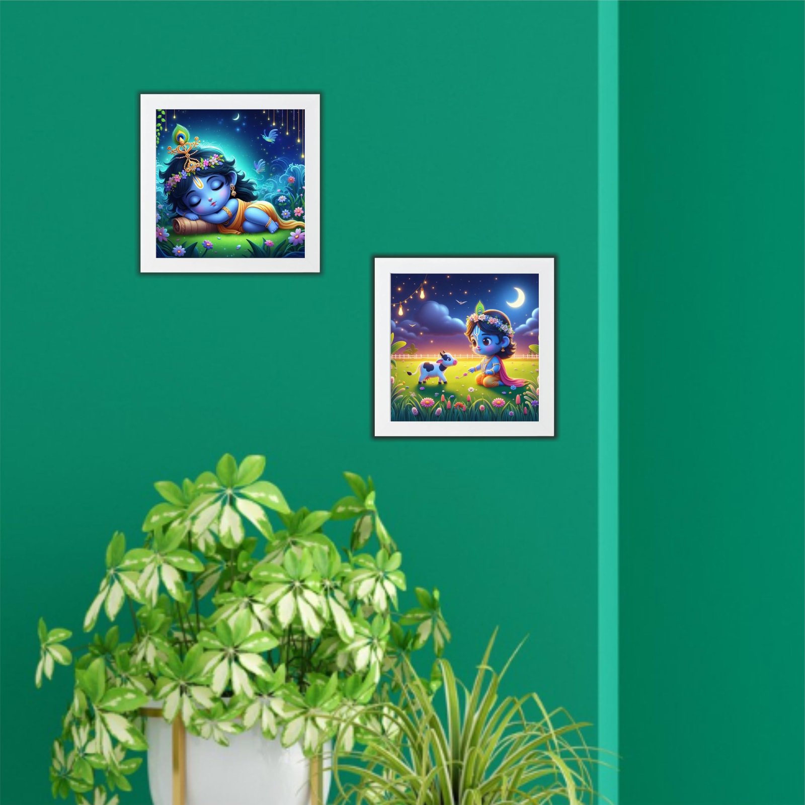 Krishna Ji paintings Wooden Wall Frames With PVC Decorative item for Living room Bedroom Office Decor Modern Artwork Painting Wall Mount Hanging Set of 2 (9"X9" Inch) (Design 1)