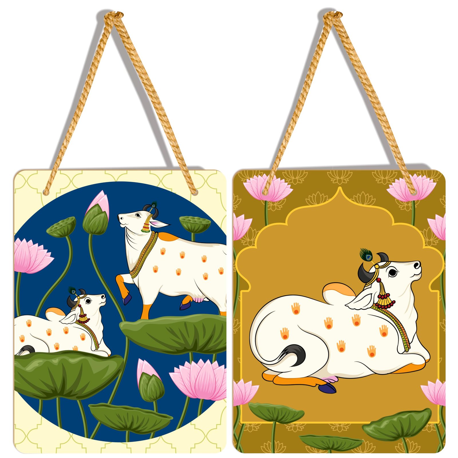 Sacred Kamdhenu Cow Art | Wall Hanging Decoration| Laminated vinyl 6 x 8 Inch Inch 3mm MDF board Wall Art | Decor for Living Room | Bedroom |Set of 2 (Design-05)