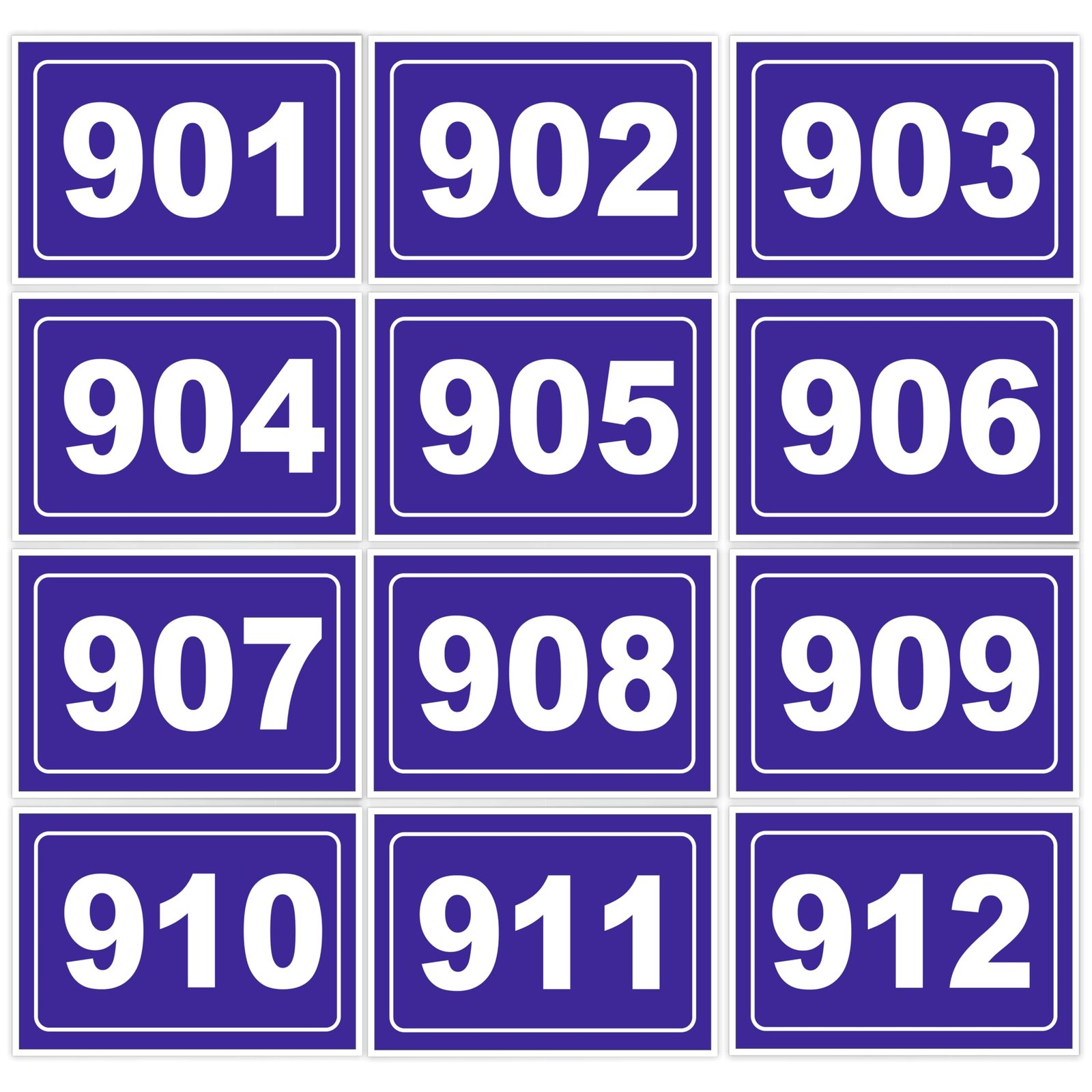 Numeric Signage Theme | Self Adhesive Number Plates 901 to 912 | 5 x 3.5 Inch Vinyl with 3mm Sunboard | Desk Seat Bench Mandir Room Library Identification Plates