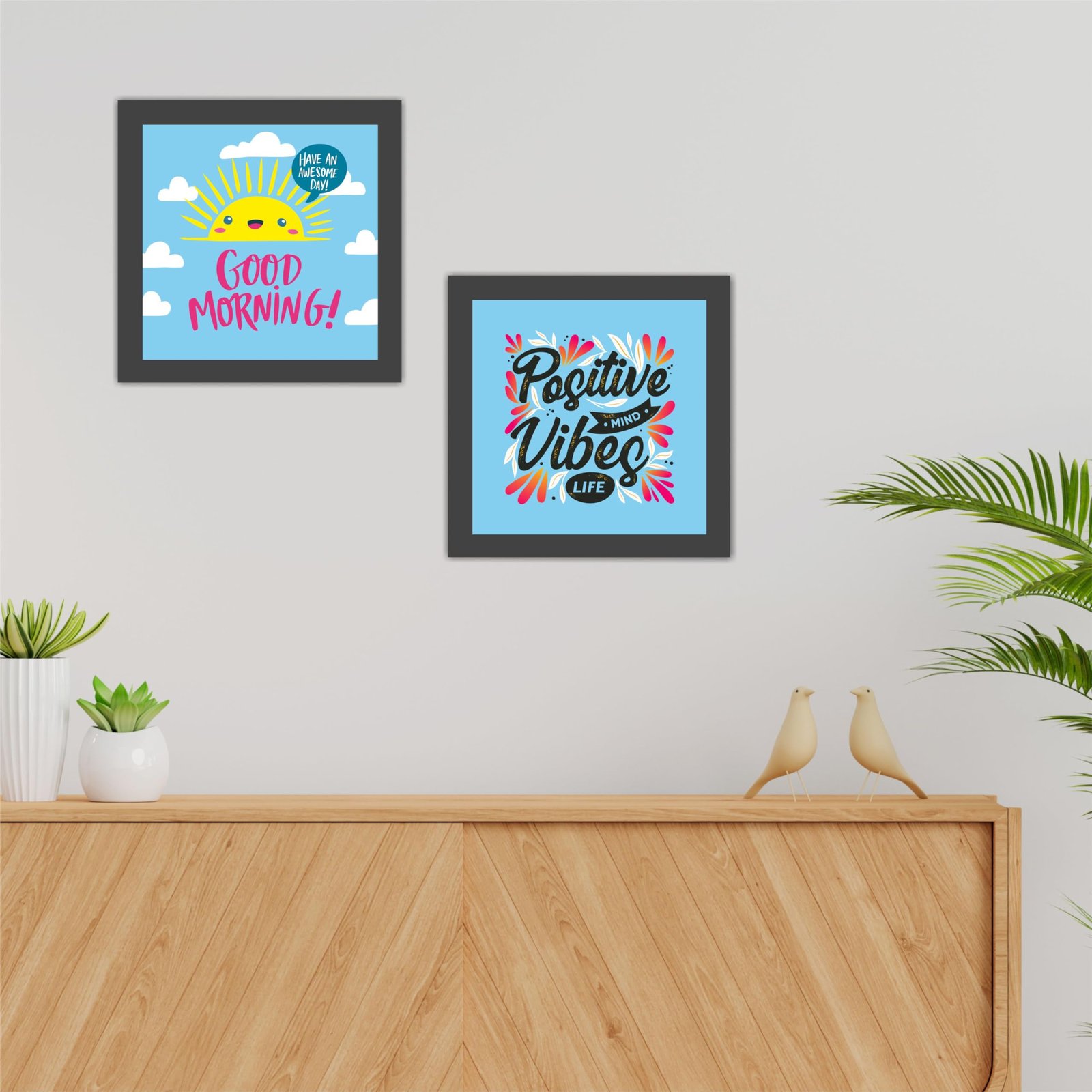 Positive Vibes & Good Morning Positive Quotes Wooden Wall Frames With PVC Decorative item for Living room Office Decor Modern Artwork Painting Wall Mount Hanging Set of 2 (9"X9" Inch)