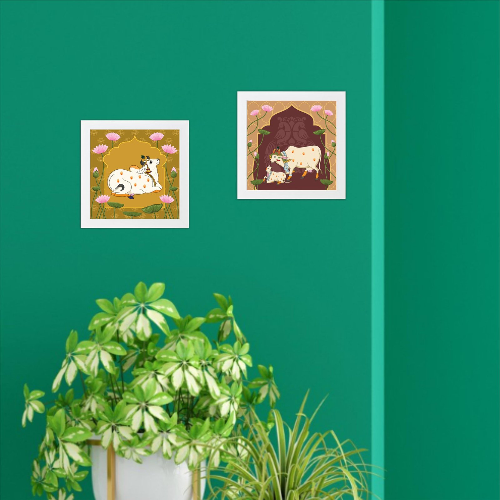 Pichwai Cow Floral Art Wooden Wall Frames With PVC Glass Decorative item for Living room Bedroom Office Decor Modern Hanging Decoration Set of 2 (SIZE- 8"X8" Inch) (Design 3)