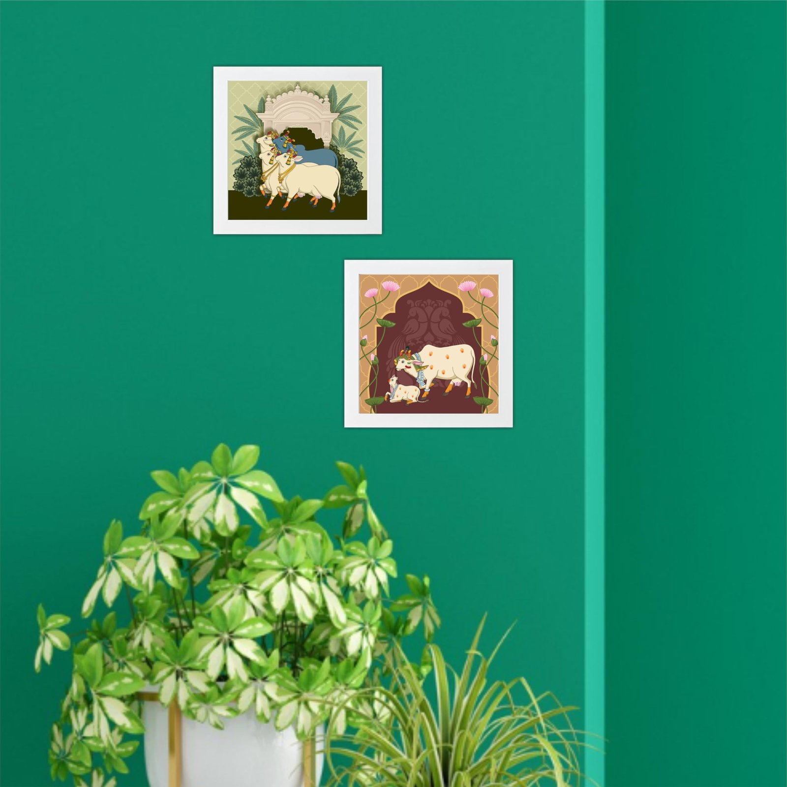 Pichwai Cow Floral Art Wooden Wall Frames With PVC Glass Decorative item for Living room Bedroom Office Decor Modern Hanging Decoration Set of 2 (SIZE- 8"X8" Inch) (Design 2)