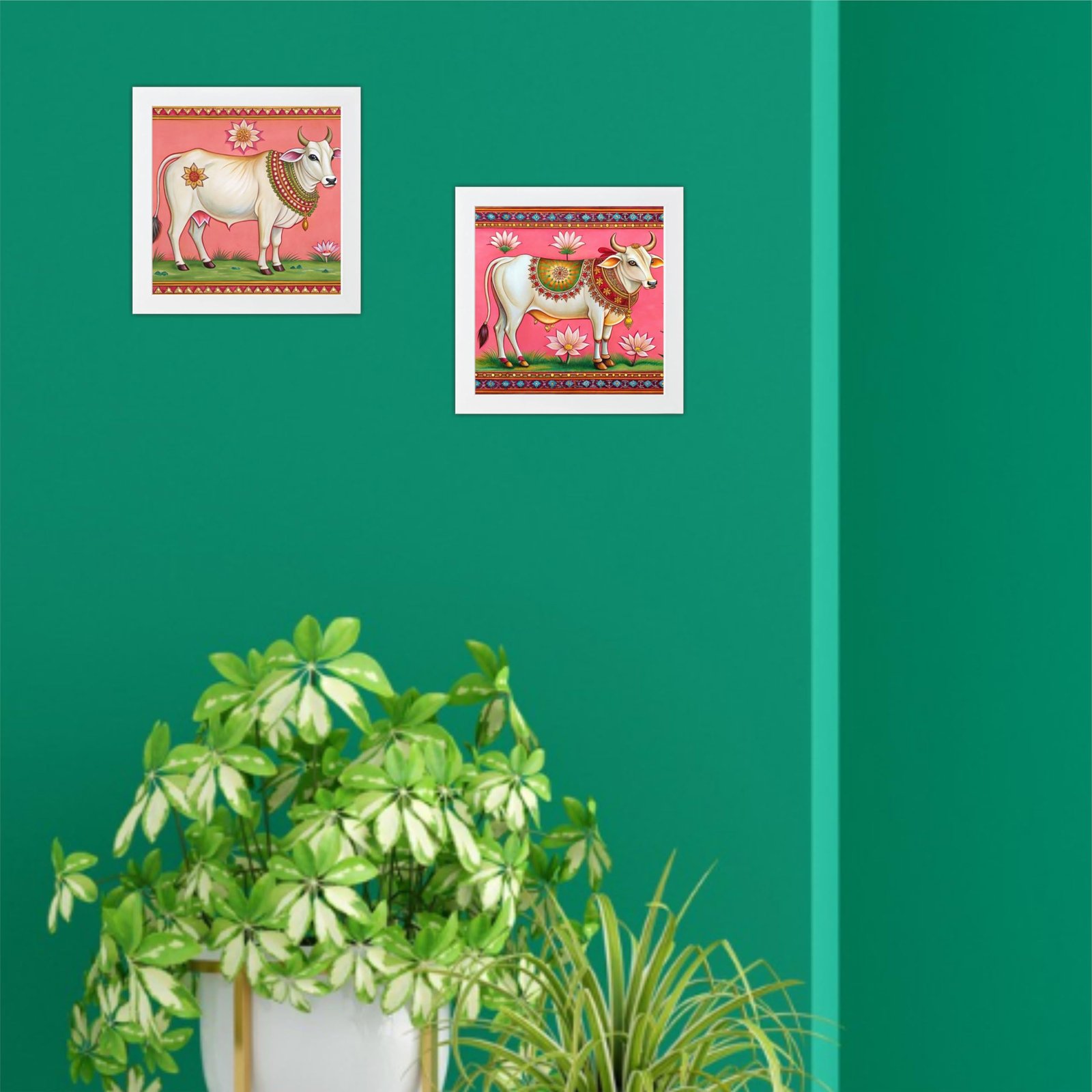 Pichwai Cow Floral Art Wooden Wall Frames With PVC Glass Decorative item for Living room Bedroom Office Decor Modern Hanging Decoration Set of 2 (SIZE- 8"X8" Inch) (Design 5)