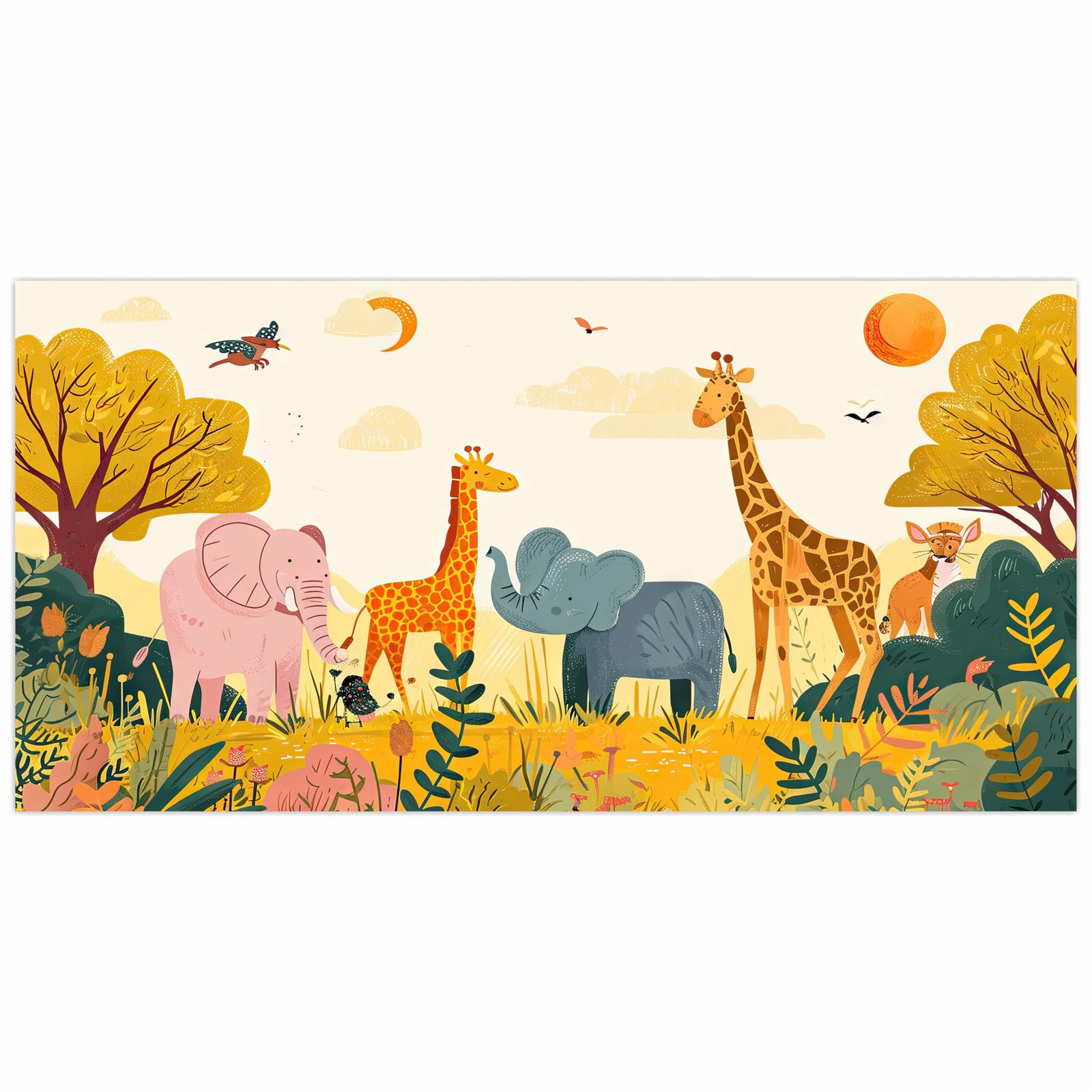 Jungle Safari Animals Wall Poster for Kids Room | Large 6 Ftx35.5 Inch Vinyl Mural | Elephant Giraffe Forest Theme Nursery Wall Decoration(Design-01)