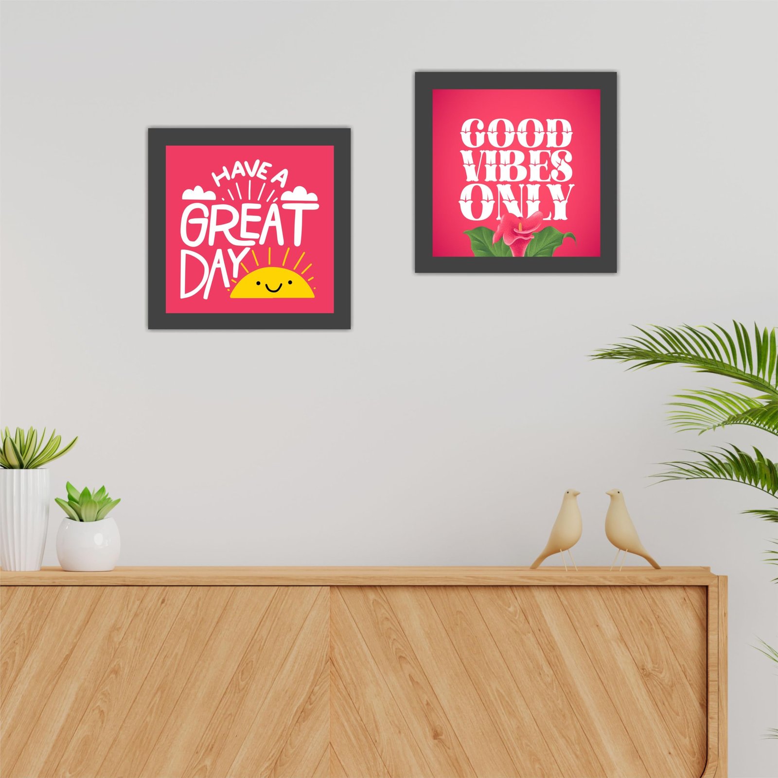 Have a Great Day & Good Vibes Only Positive Quotes Wooden Wall Frames With PVC Decorative item for Living room Office Decor Modern Artwork Painting Wall Mount Hanging Set of 2 (9"X9" Inch)