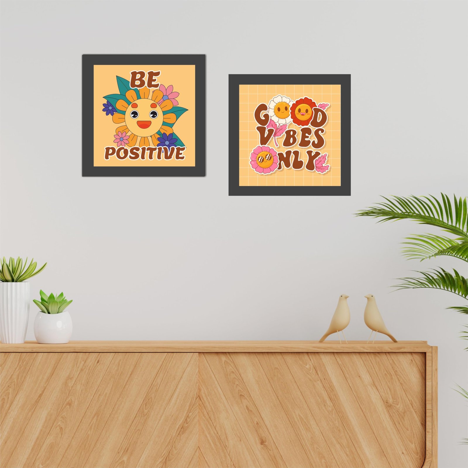 Be Positive & Good Vibes Only Positive Quotes Wooden Wall Frames With PVC Decorative item for Living room Office Decor Modern Artwork Painting Wall Mount Hanging Set of 2 (9"X9" Inch)