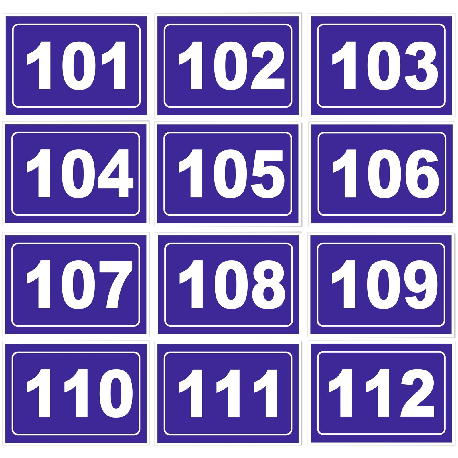 Numeric Signage Theme | Self Adhesive Number Plates 101 to 112 | 5 x 3.5 Inch Vinyl with 3mm Sunboard | Desk Seat Bench Mandir Room Library Identification Plates