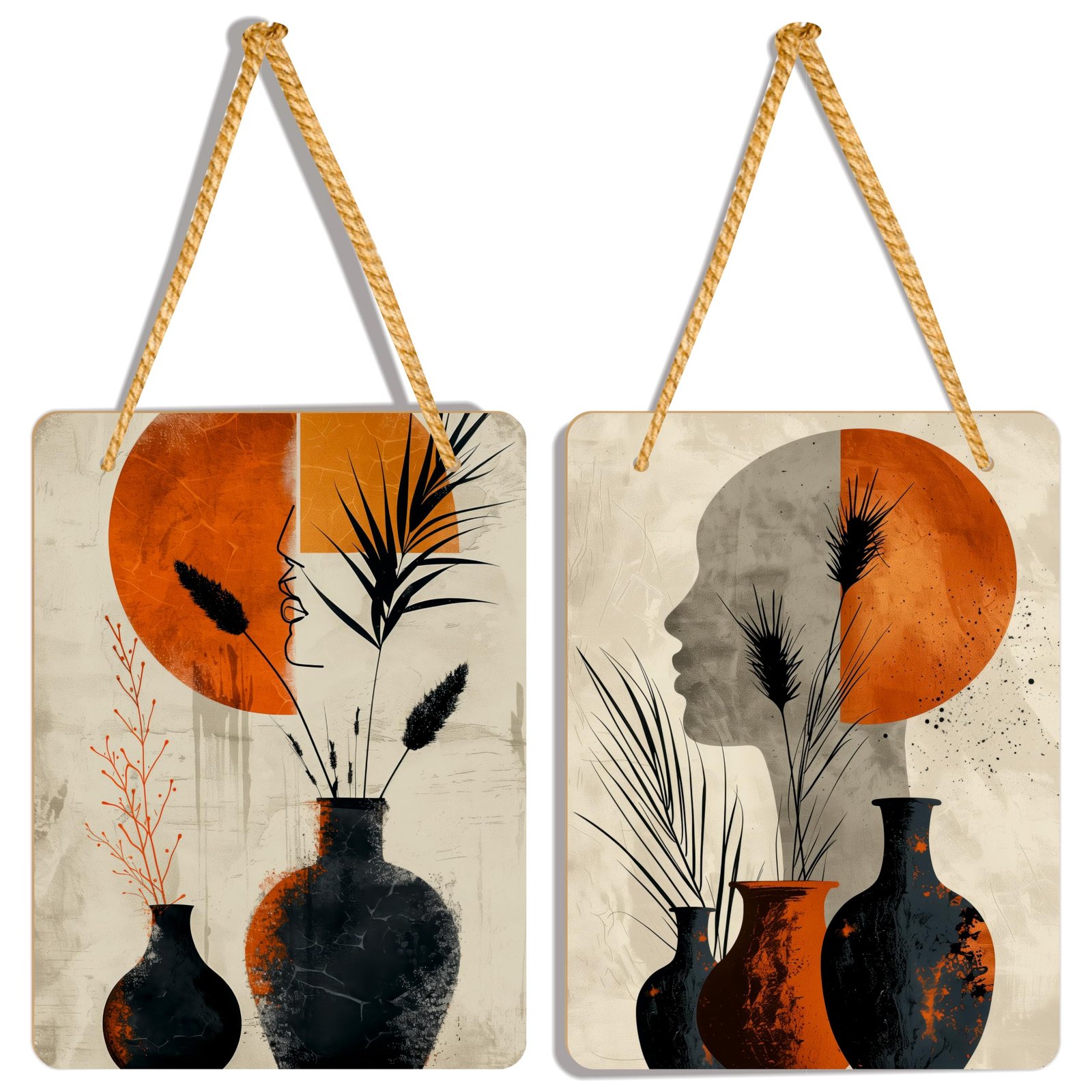 Boho Abstract Face & Pottery Art | Wall Hanging Decoration | 6 x 8 Inch Laminated vinyl 3mm MDF board Wall Art | for Living Room Bedroom| Nursery Hallway| Set of 2 (Design-03)