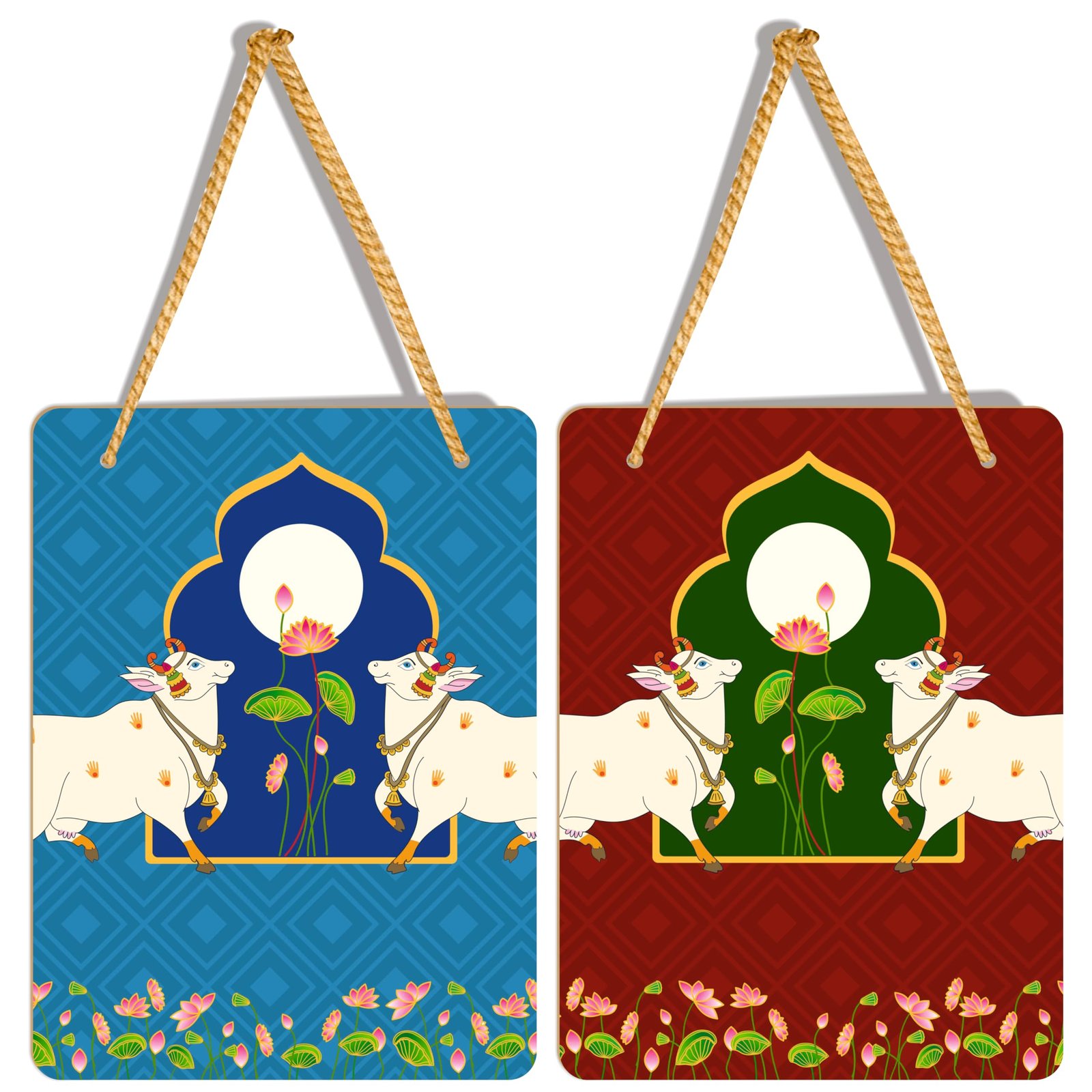Sacred Kamdhenu Cow Art | Wall Hanging Decoration| Laminated vinyl 6 x 8 Inch Inch 3mm MDF board Wall Art | Decor for Living Room | Bedroom |Set of 2 (Design-06)