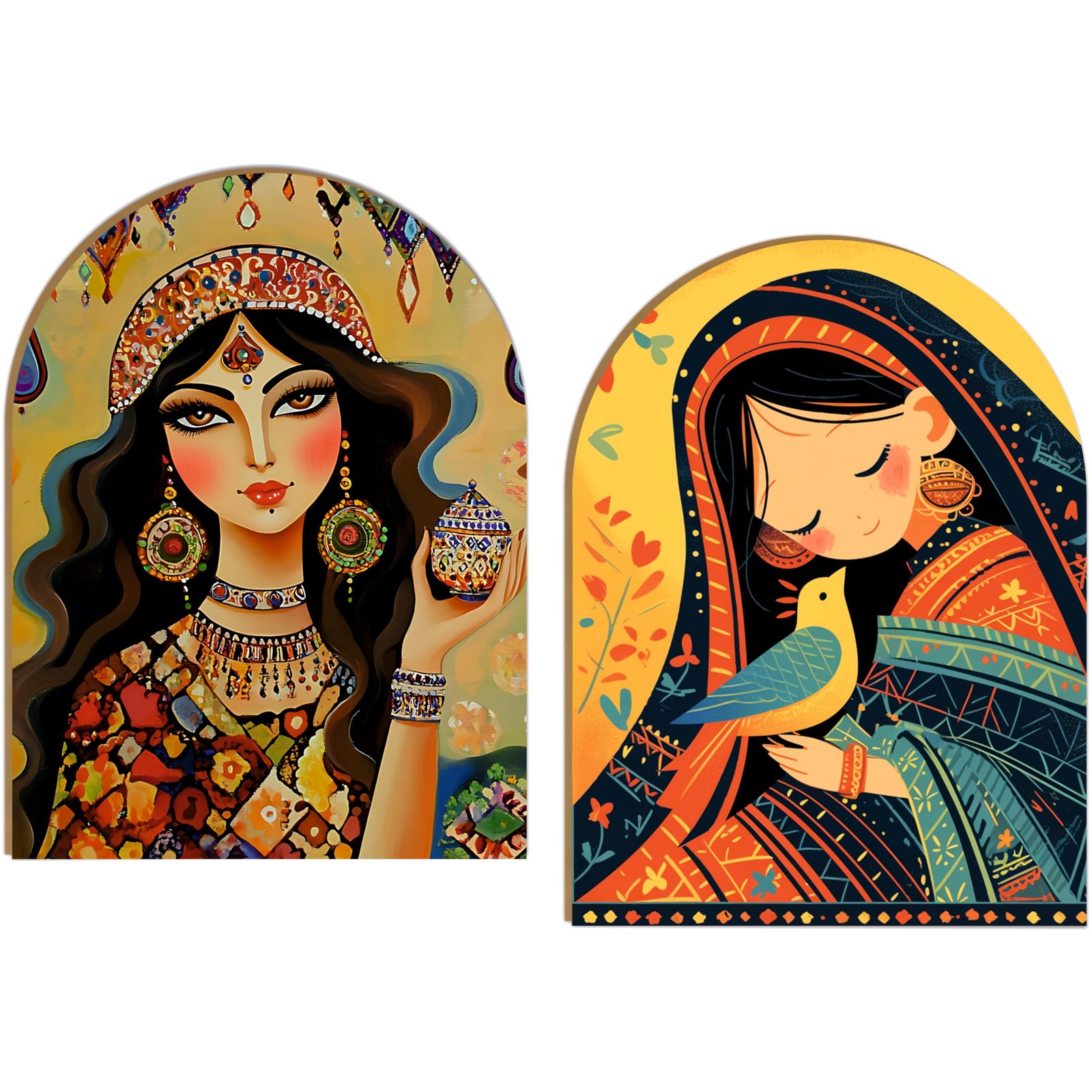 Indian Folk female faces | Wall Hanging Decoration| Laminated vinyl 8.5 x 12 Inch 3mm MDF board Peel and Stick Wall Art for Living Room | Bedroom |Set of 2 (Design-07)