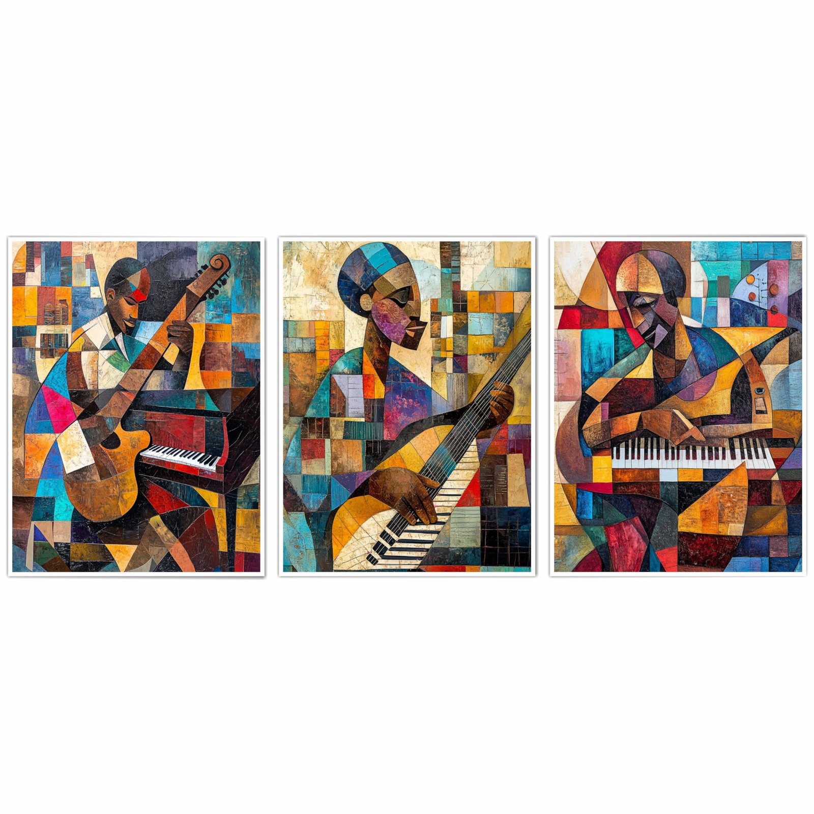 Cubist Abstract Wall Art Set of 3 | 9"x12" Self-Adhesive Vinyl Prints on 5mm Sunboard | Easy Peel & Stick Home Decor for Living Room, Bedroom, Office (Design- 3)
