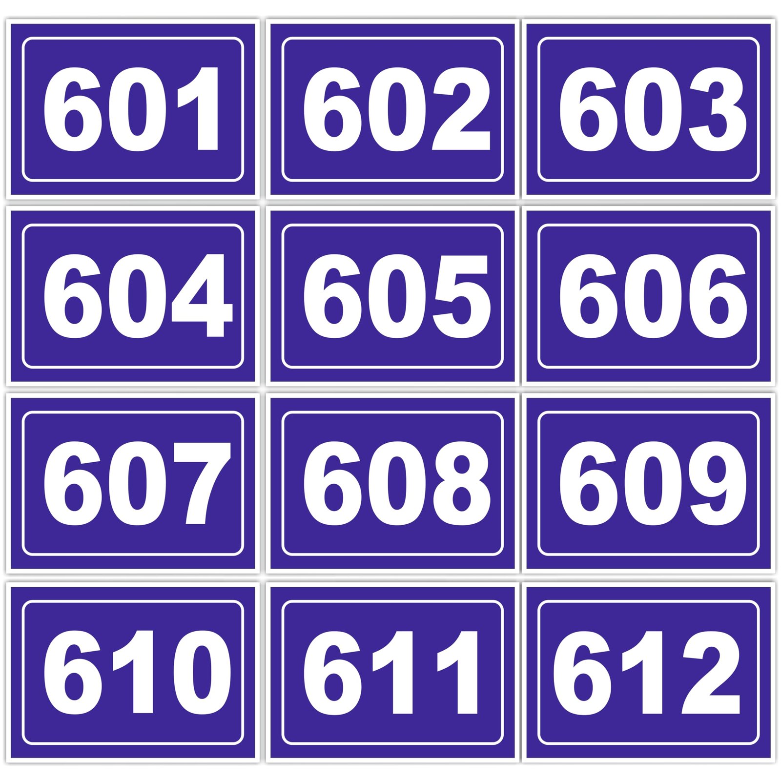 Numeric Signage Theme | Self Adhesive Number Plates 601 to 612 | 5 x 3.5 Inch Vinyl with 3mm Sunboard | Desk Seat Bench Mandir Room Library Identification Plates