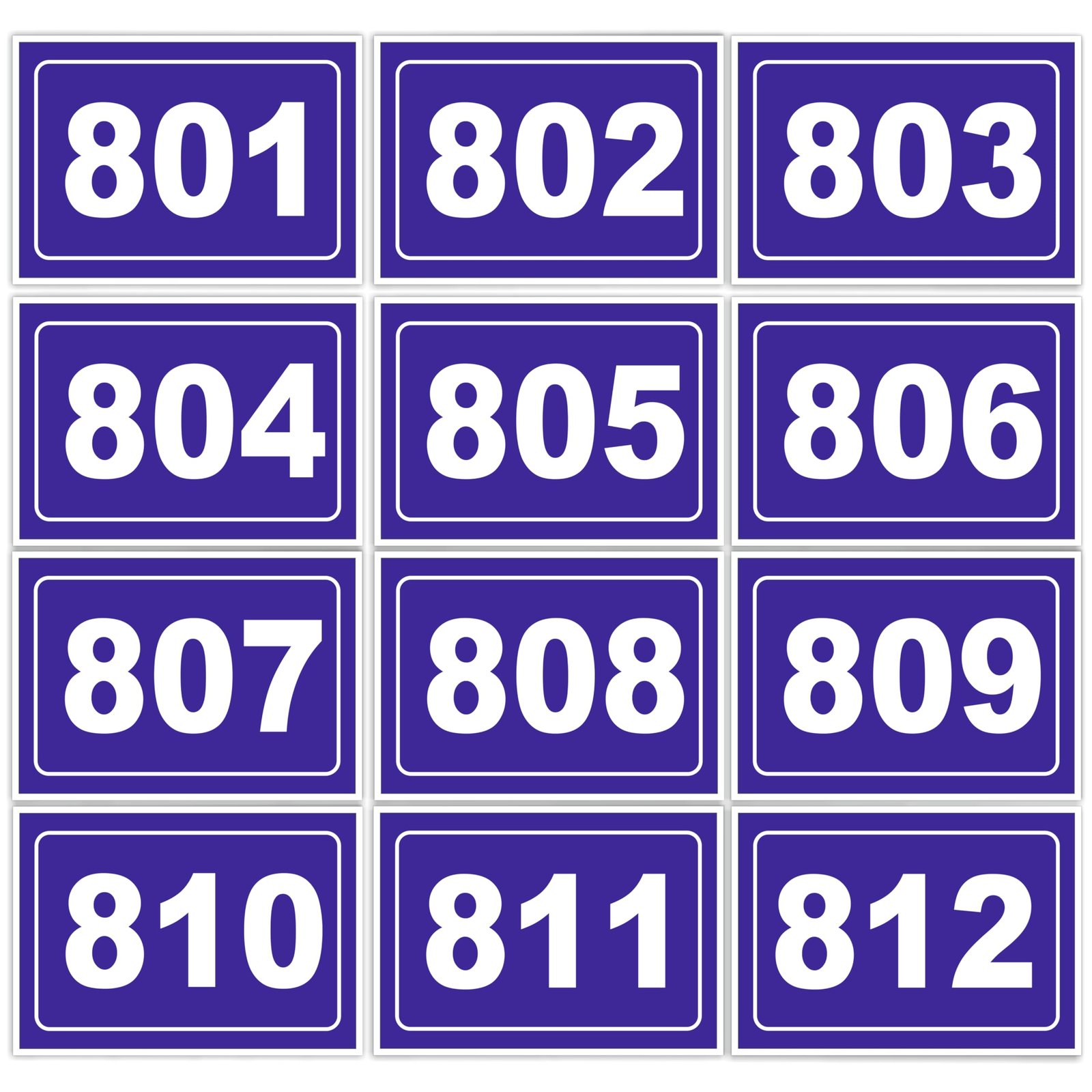 Numeric Signage Theme | Self Adhesive Number Plates 801 to 812 | 5 x 3.5 Inch Vinyl with 3mm Sunboard | Desk Seat Bench Mandir Room Library Identification Plates
