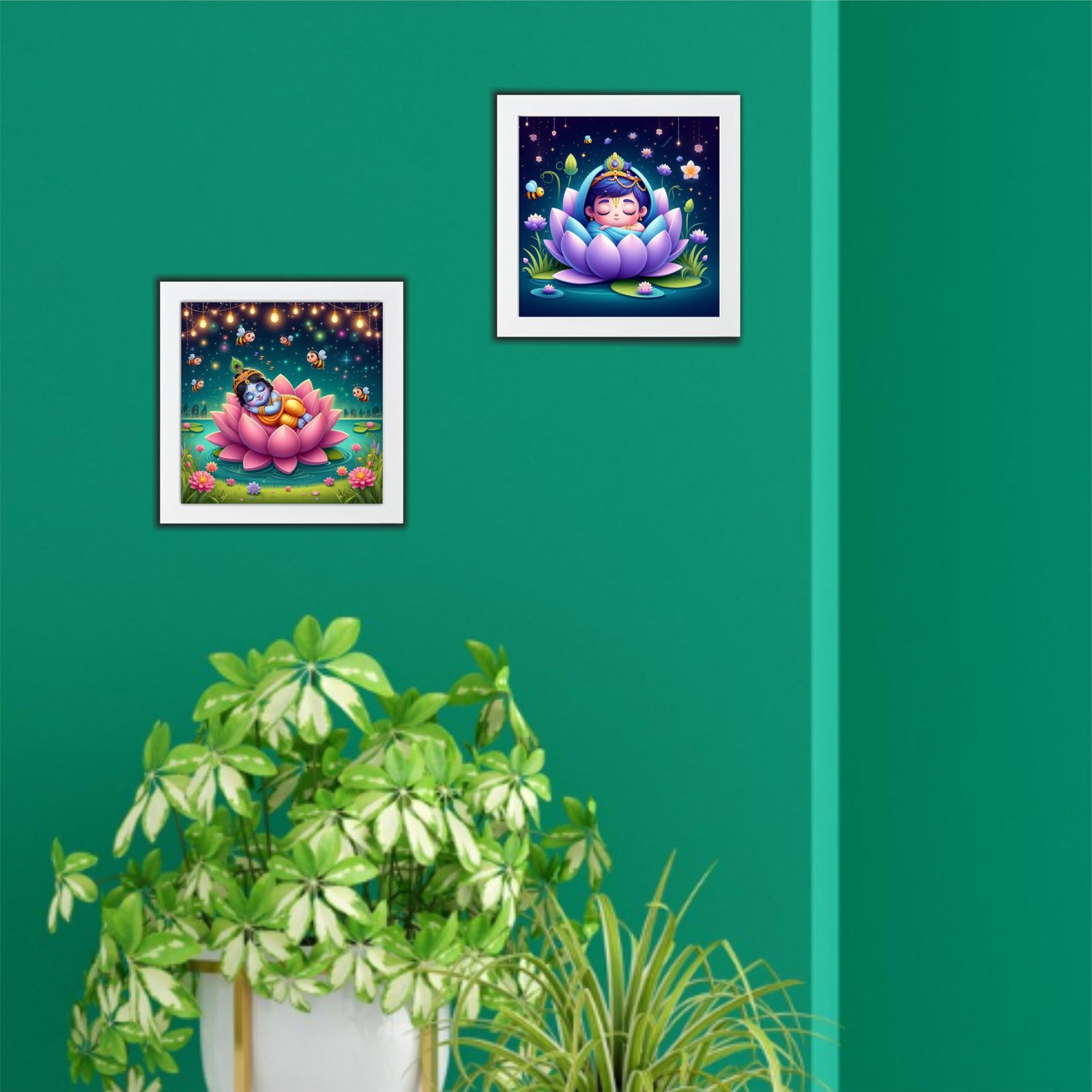 Krishna Ji paintings Wooden Wall Frames With PVC Decorative item for Living room Bedroom Office Decor Modern Artwork Painting Wall Mount Hanging Set of 2 (9"X9" Inch) (Design 2)