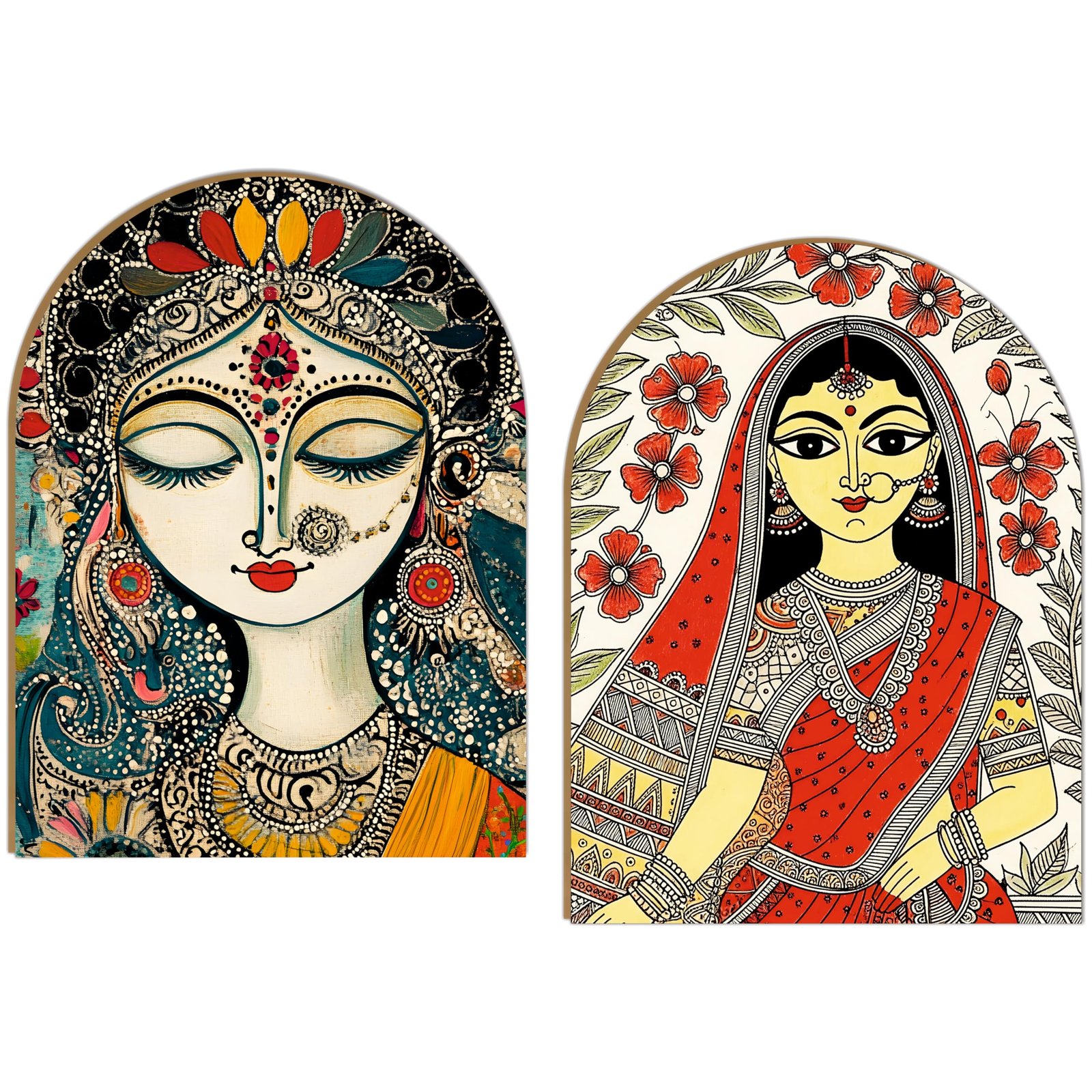 Traditional Indian Goddess & Lady | Wall Hanging Decoration| 8.5 x 12 Inch Laminated vinyl 3mm MDF board Peel & Stick Wall Art | Home Decor for Living Room| Bedroom |Set of 2(Design-03)