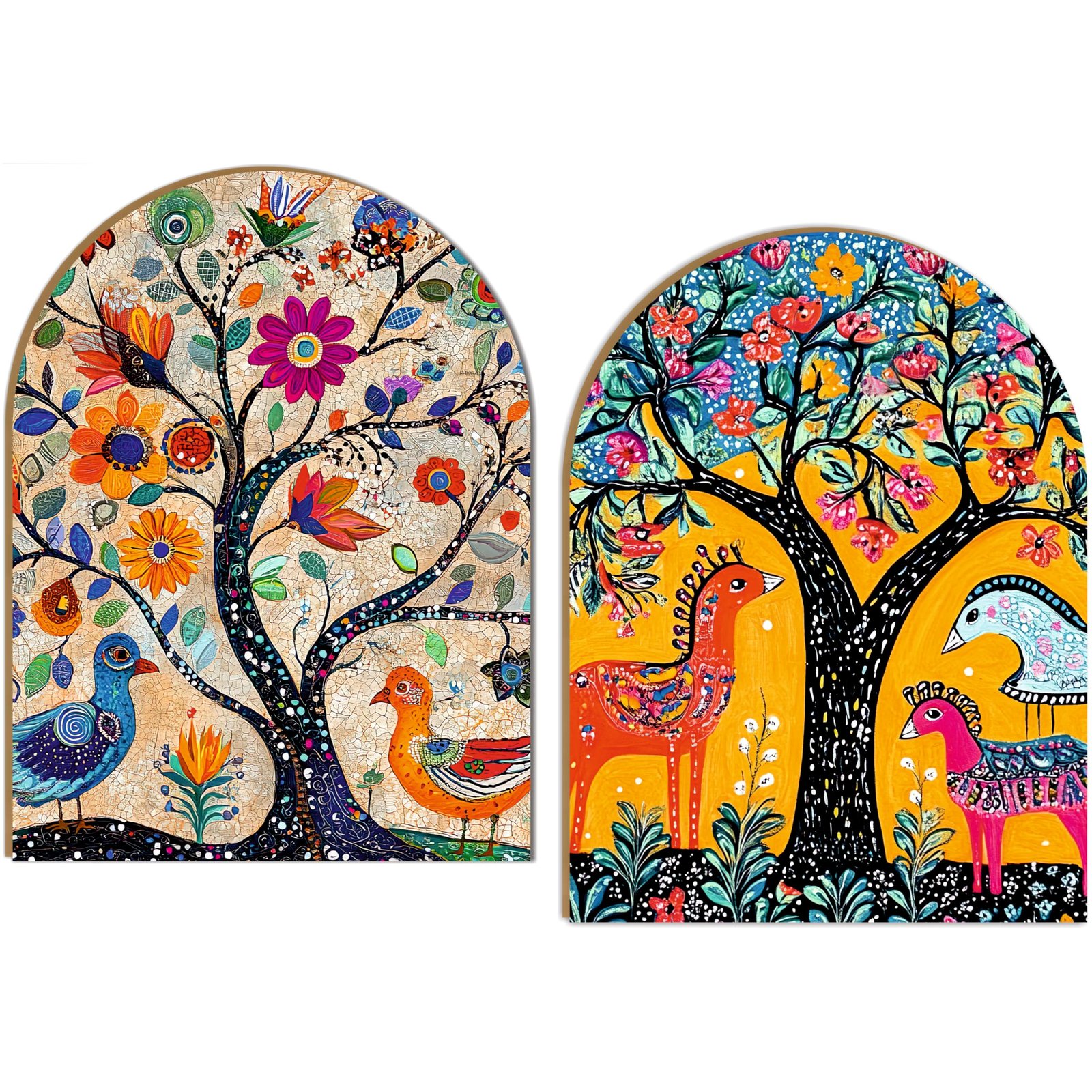Folk Art | Animals and Nature Theme | Wall Hanging Decoration | 8.5 x 12 Inch Laminated Vinyl 3mm MDF Board Peel and Stick Wall Art | Colorful Set of 2(Design-01)