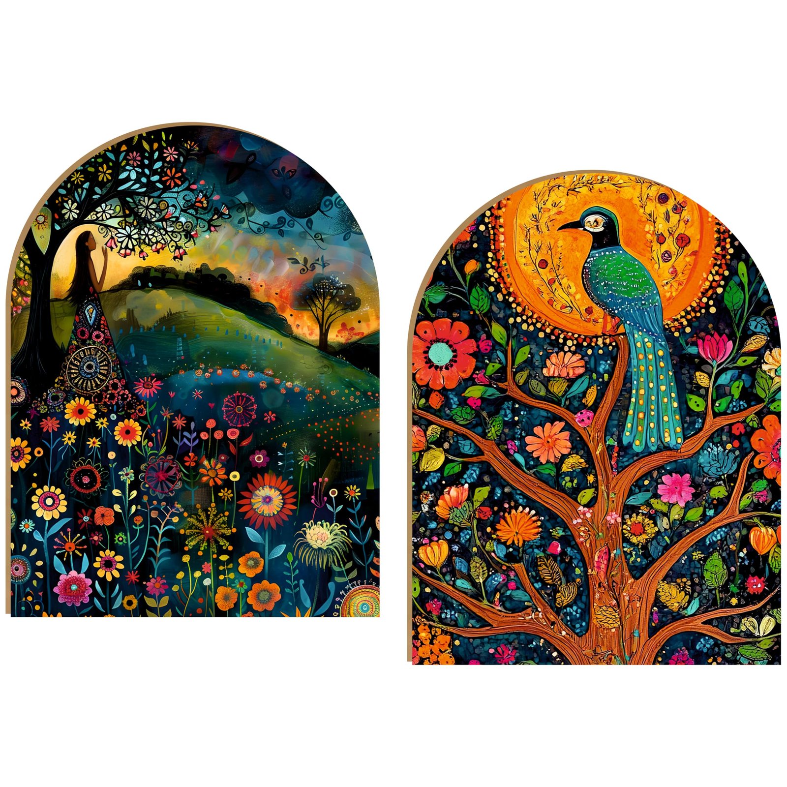 Indian Folk Art Nature Theme | Wall Hanging Decoration| Laminated vinyl 8.5 x 12 Inch 3mm MDF board Peel and Stick Wall Art | Decor for Living Room | Bedroom |Set of 2 (Design-08)