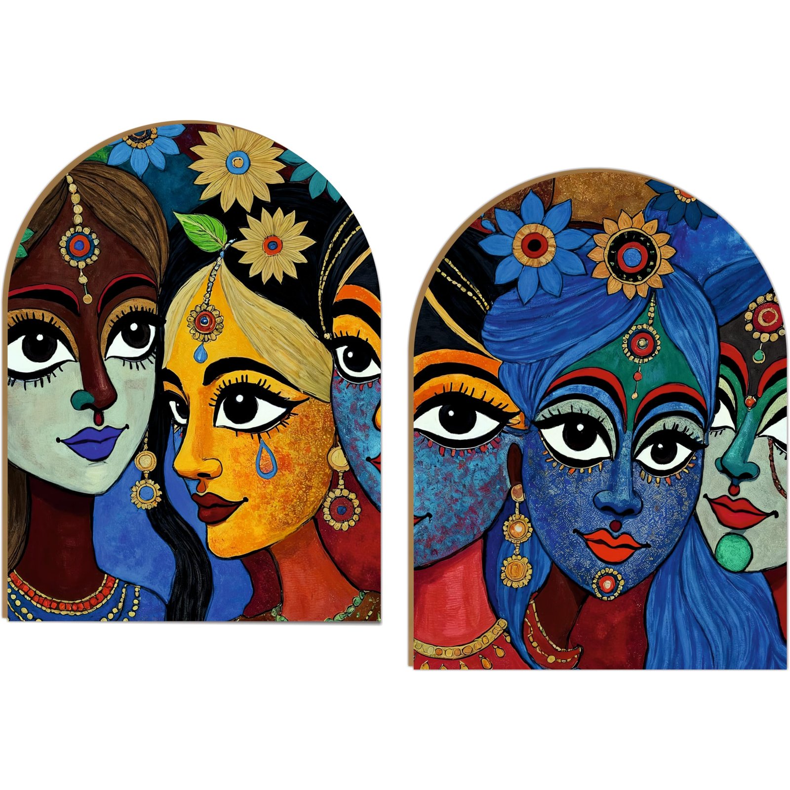 Folk Art Multiface Women Portrait |Wall Hanging Decoration| 8.5 x 12 Inch Laminated vinyl 3mm MDF board Peel & Stick Wall Art for Living Room | Bedroom |Set of 2(Design-06)