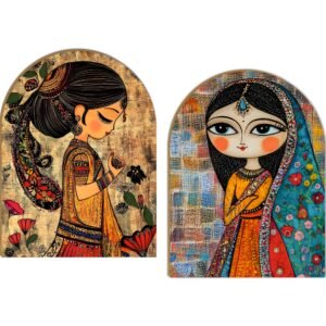 Indian Folk Art Lady Portrait | Wall Hanging Decoration| Laminated vinyl 8.5 x 12 Inch 3mm MDF board Peel and Stick Wall Art | Decor for Living Room | Bedroom |Set of 2 (Design-02)