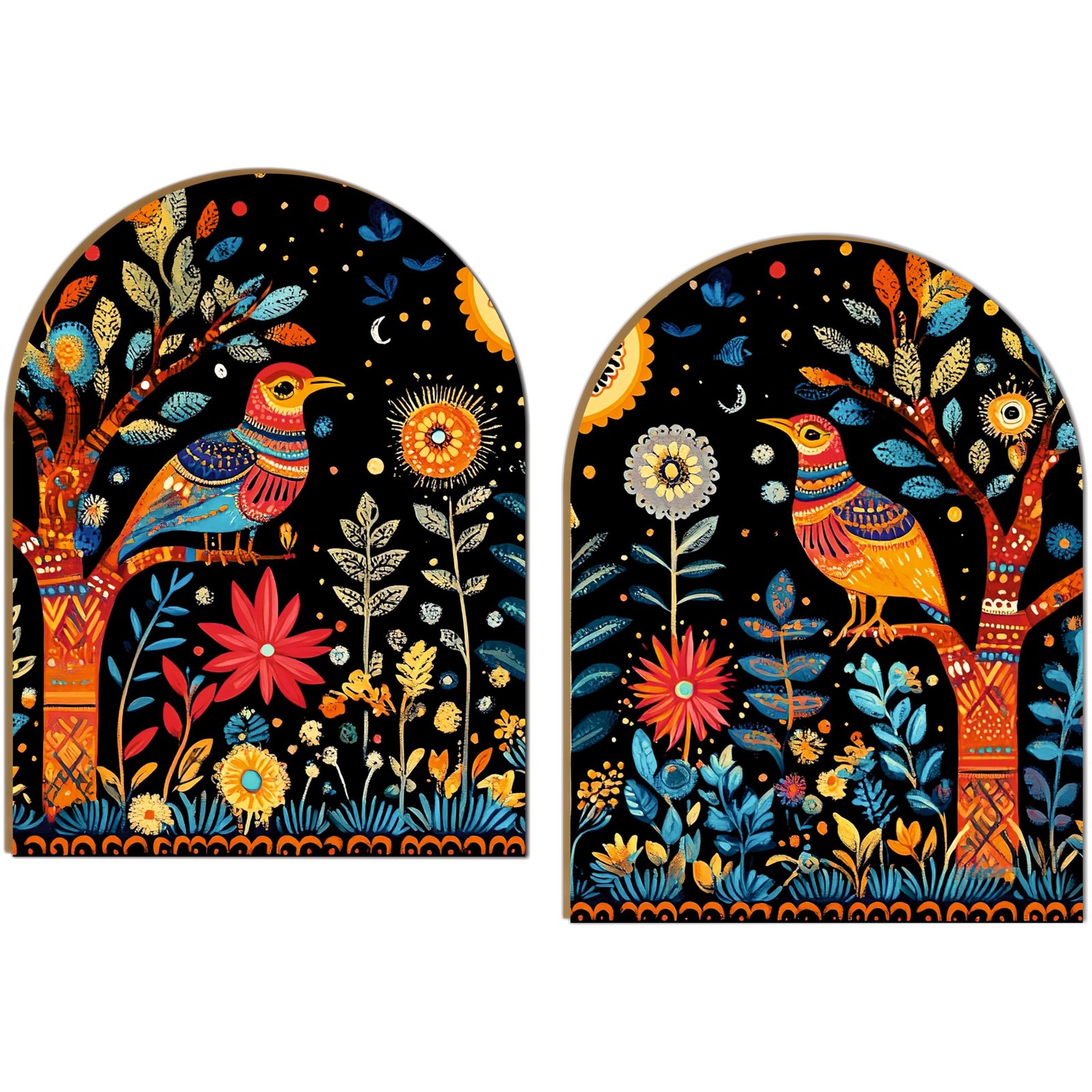 Folk Art Birds and Floral Night Theme| Wall Hanging Decoration| 8.5 x 12 Inch Laminated vinyl 3mm MDF board Peel & Stick Wall Art |Decor for Living Room | Bedroom |Set of 2(Design-04)