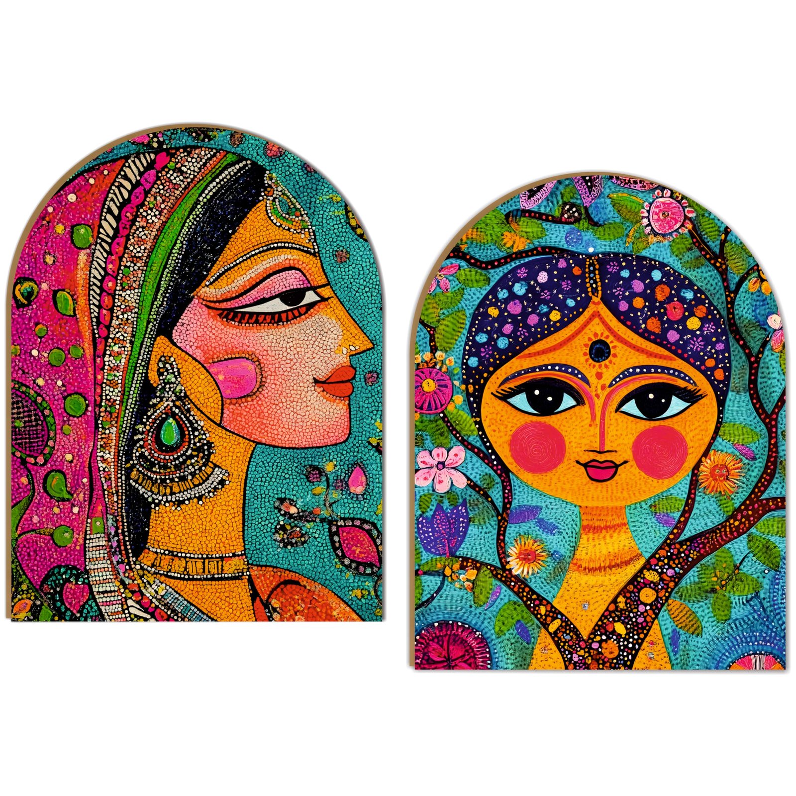 Indian Folk Art Woman Portrait | Wall Hanging Decoration | 8.5 x 12 Inch Laminated vinyl 3mm MDF board Peel and Stick |Decor for Living Room | Bedroom |Set of 2(Design-05)