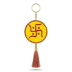 3-Inch Mini Swastika Lippan Art Wall Hanging – Traditional Handcrafted Clay & Mirror Work – Yellow & Red Auspicious Decor for Mandir, Door, Car, and Festive Gifting