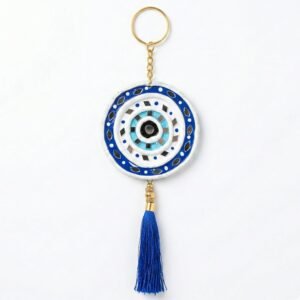 3 -Inch Mini Evil Eye Lippan Art Hanging – Handcrafted Nazar Protection Charm with Tassels – Traditional Mud & Mirror Work Decor for Car Rearview Mirror