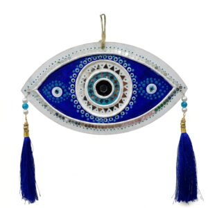 ATTRACTSO - Evil Eye Lippan Art Wall Hanging – 9x6 Inch Traditional Handcrafted Mud & Mirror Work Nazar Protection Charm – Cobalt Blue Wall Decor with Tassels for Home