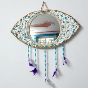Evil Eye Lippan Art Wall Hanging | 18 x 10 inch | Mirror Wall Hanging Decor with Feathers and Seashell for Home Decor
