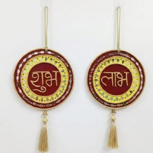 ATTRACTSO - Shubh Labh Lippan Art Wall Hanging Set – 6-Inch Maroon & Gold Traditional Mud Mirror Work – Auspicious Door Decor for Entrance, Temple, Diwali, and Housewarming