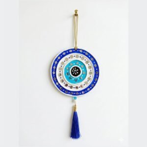 ATTRACTSO - 6-Inch Round Evil Eye Lippan Art Wall Hanging – Handcrafted Nazar Protection Mandala – Traditional Mud & Mirror Work Decor with Tassels for Home, Office, Entrance & Car
