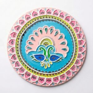 ATTRACTSO - Handcrafted 12-Inch Peacock Lippan Art Wall Decor – Traditional Mud & Mirror Work Mandala – Vibrant Blue & Pink Round Clay Wall Hanging for Living Room, Office, or Gifting