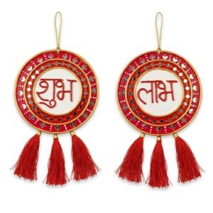 ATTRACTSO - Shubh Labh Lippan Art Wall Hanging Set – 6-Inch Round Traditional Mud & Mirror Work Decor for Home Entrance, Diwali, & Inaugurations (Red & White, Set of 1)